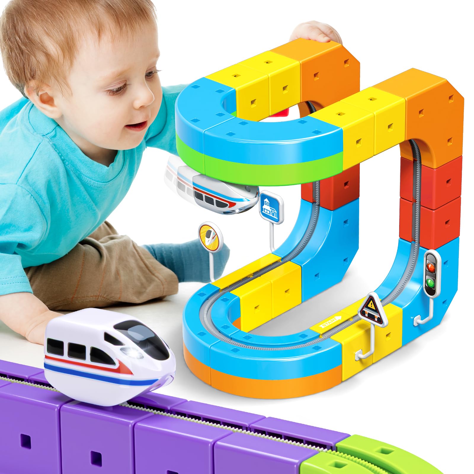 KlickRail Electric Train Set Flexible Race Track for Kids 4 6 7 8, 32 Pcs Car Track for Toddlers 3-5, Building Toy Train Track Gravity-Defying 3D Embedded Layouts & Motorized Car, STEM Learning Gift