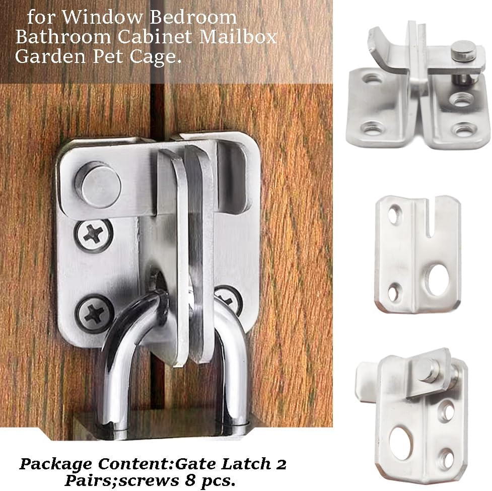 Padlock Latch,Lock for Bedroom Door,2 Pairs Slide Bolt Gate Latch Stainless Steel Brushed Finish Padlock Anti-Theft Hasp with Screws for Window Bedroom