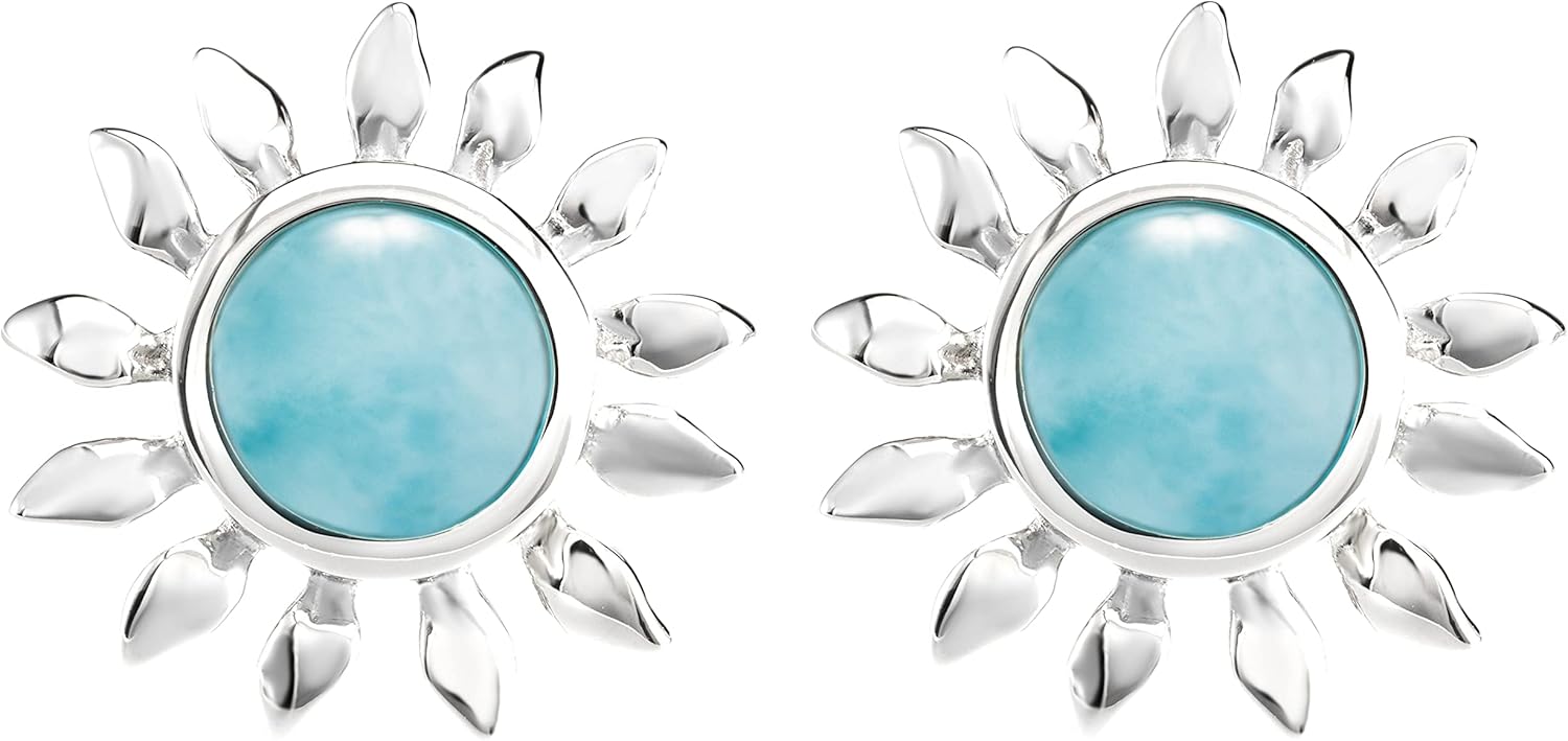 Sterling Silver Natural Larimar Sunflower Stud Earrings