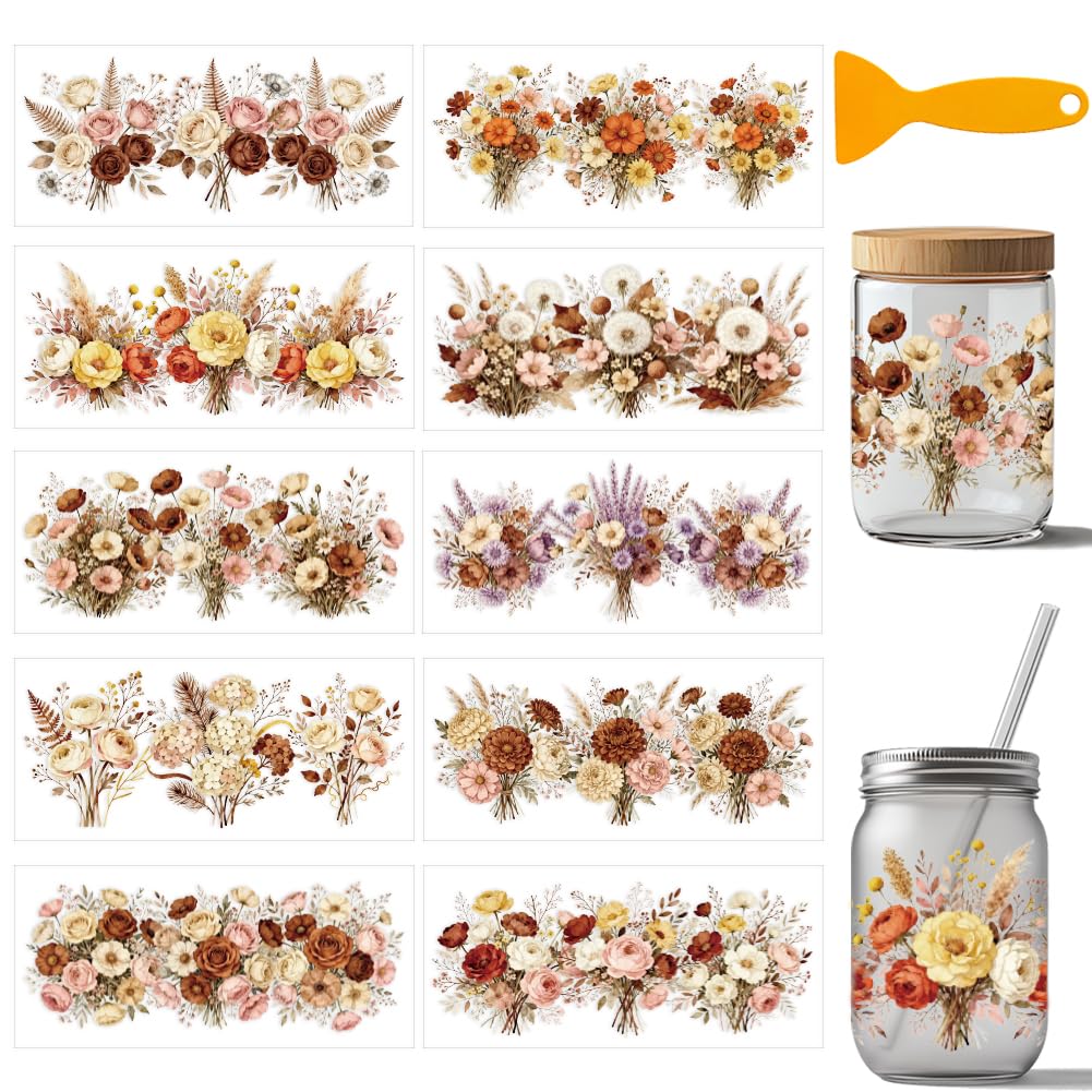 arricraft 10 Sheets Bohemian Bouquet Theme UV DTF Cup Wrap Stickers
