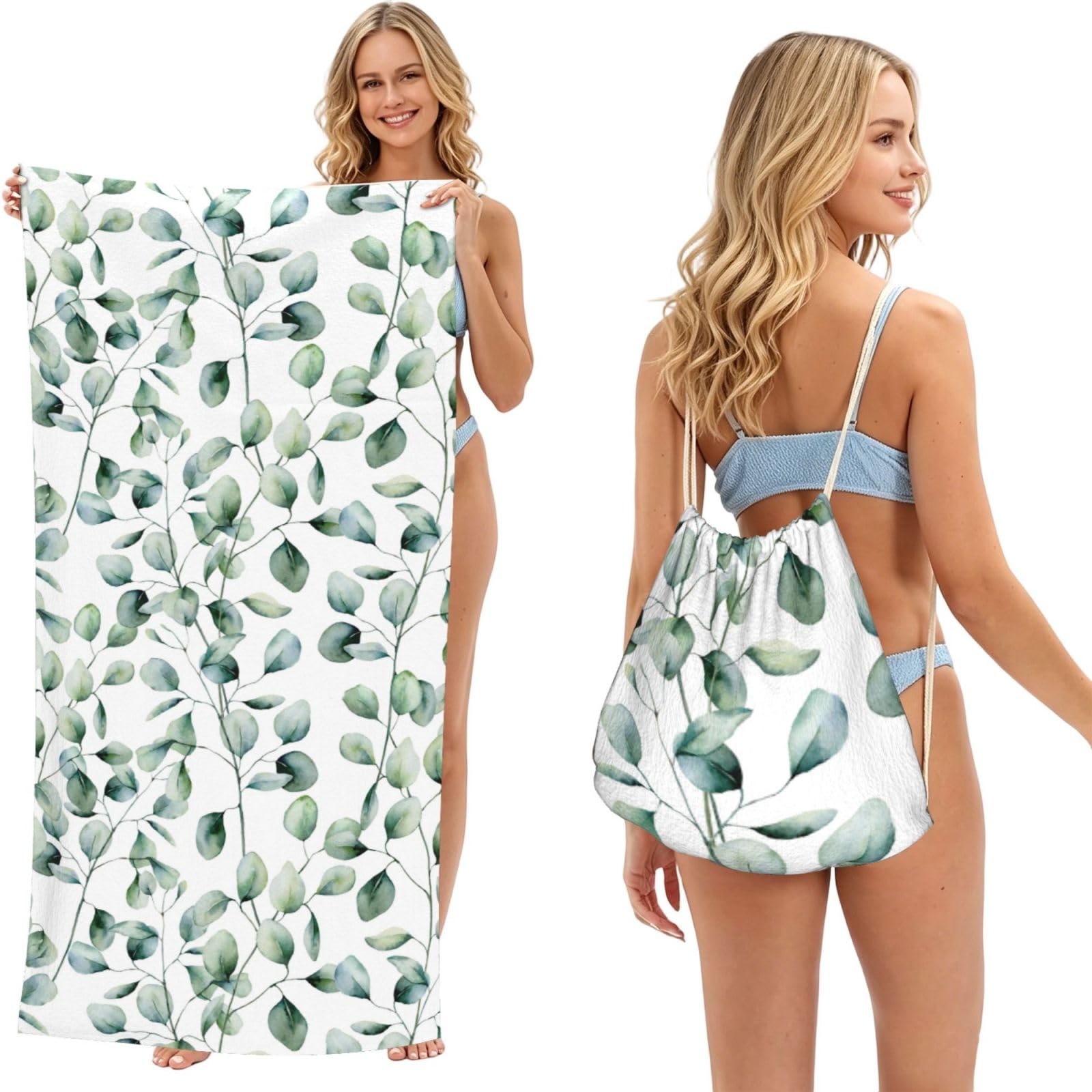 Poadnly As Picture Eucalyptus Leaves, 2 In 1 Packable Towel Bag, Beach Towels With Drawstring Backpack For Travel Holiday Camping