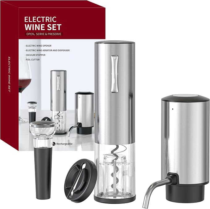 All-in-1 Electric Wine Opener Set with Rechargeable Wine Opener, Rechargeable Wine Aerator Pourer, Foil Cutter and Vacuum Wine Stopper, Ideal Gift for Wine Lovers（Silver）