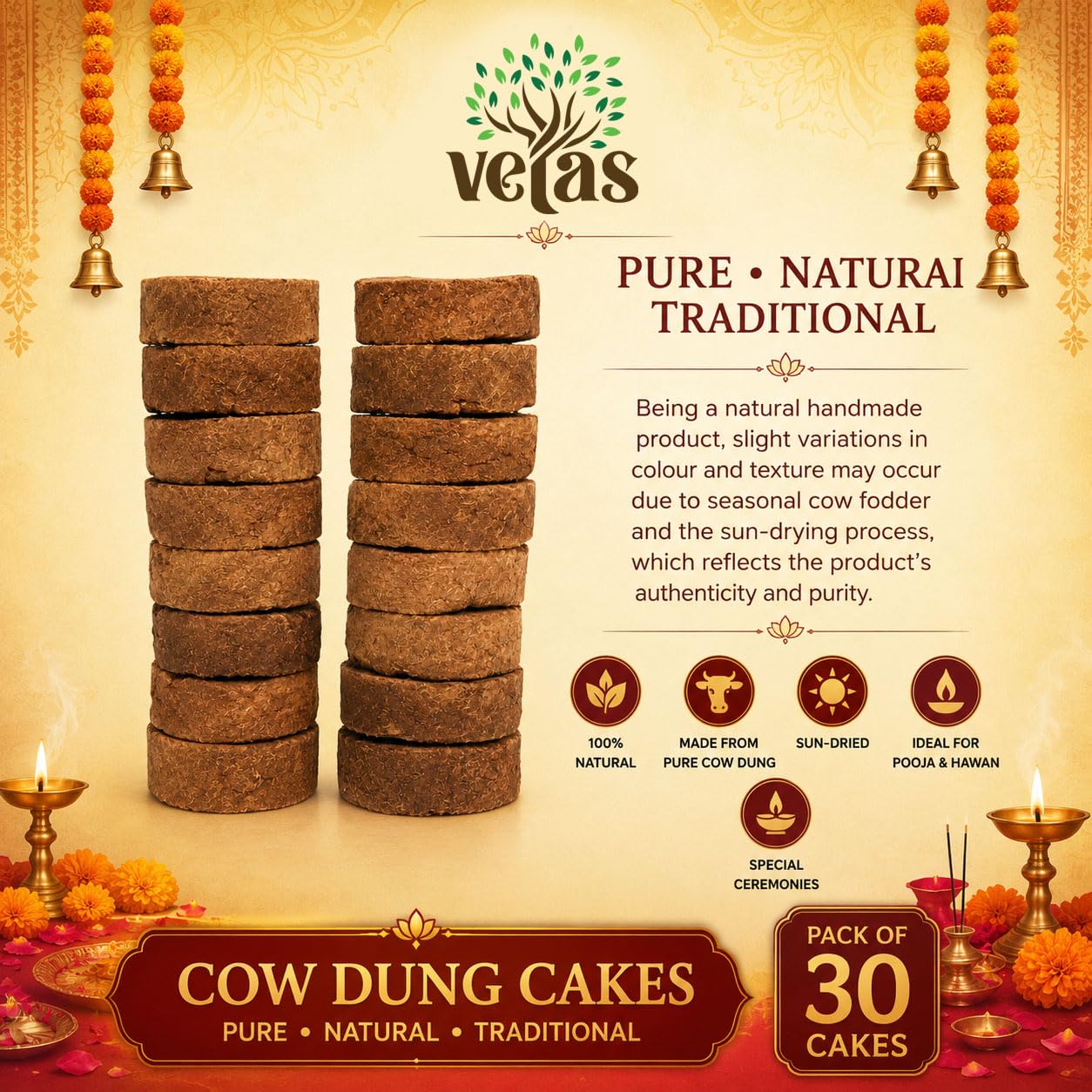 VETAS Cow Dung for Pooja,Gobar ke Upale,kande for Havan Puja(Pack of 30) 1