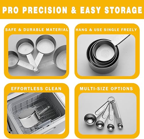 Miniatura 4 de Juego de tazas y cucharas medidoras de acero inoxidable, 8 herramientas esenciales de cocina, utensilios de cocina de medición con buenos agarres