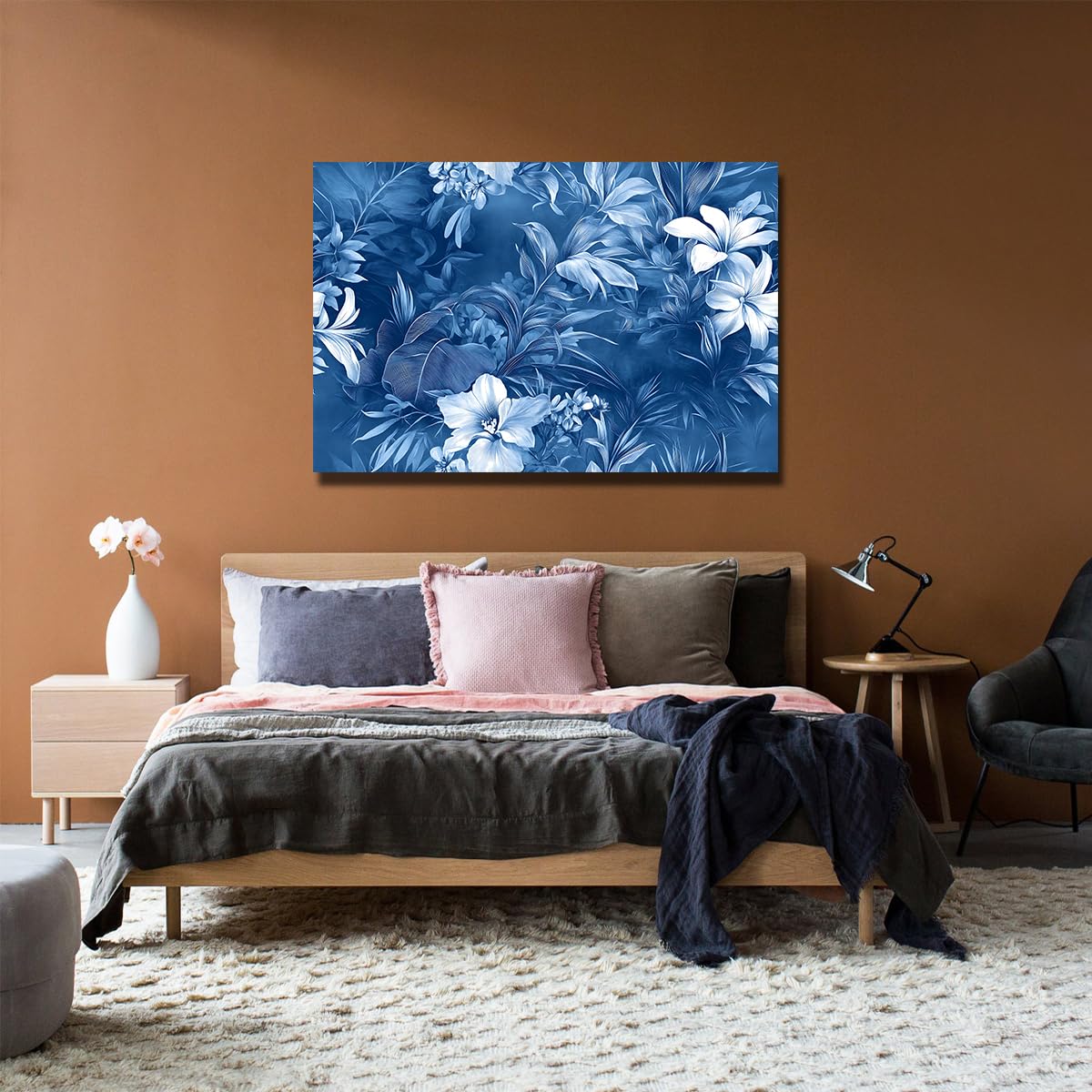 CHERHERART Art mural en toile florale tropicale bleue motif de feuilles bleu marine affiches imprimées pour la salle de bain décoration de chambre toile botanique 85x140cm sans cadre
