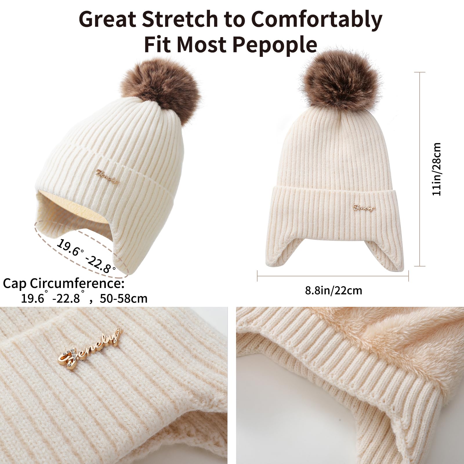 Zimowa czapka beanie szalik rękawiczki zestaw dla kobiet, klasyczna czapka z odpinanym pomponem długi szalik rękawiczki do ekranu dotykowego zestaw 3 w 1