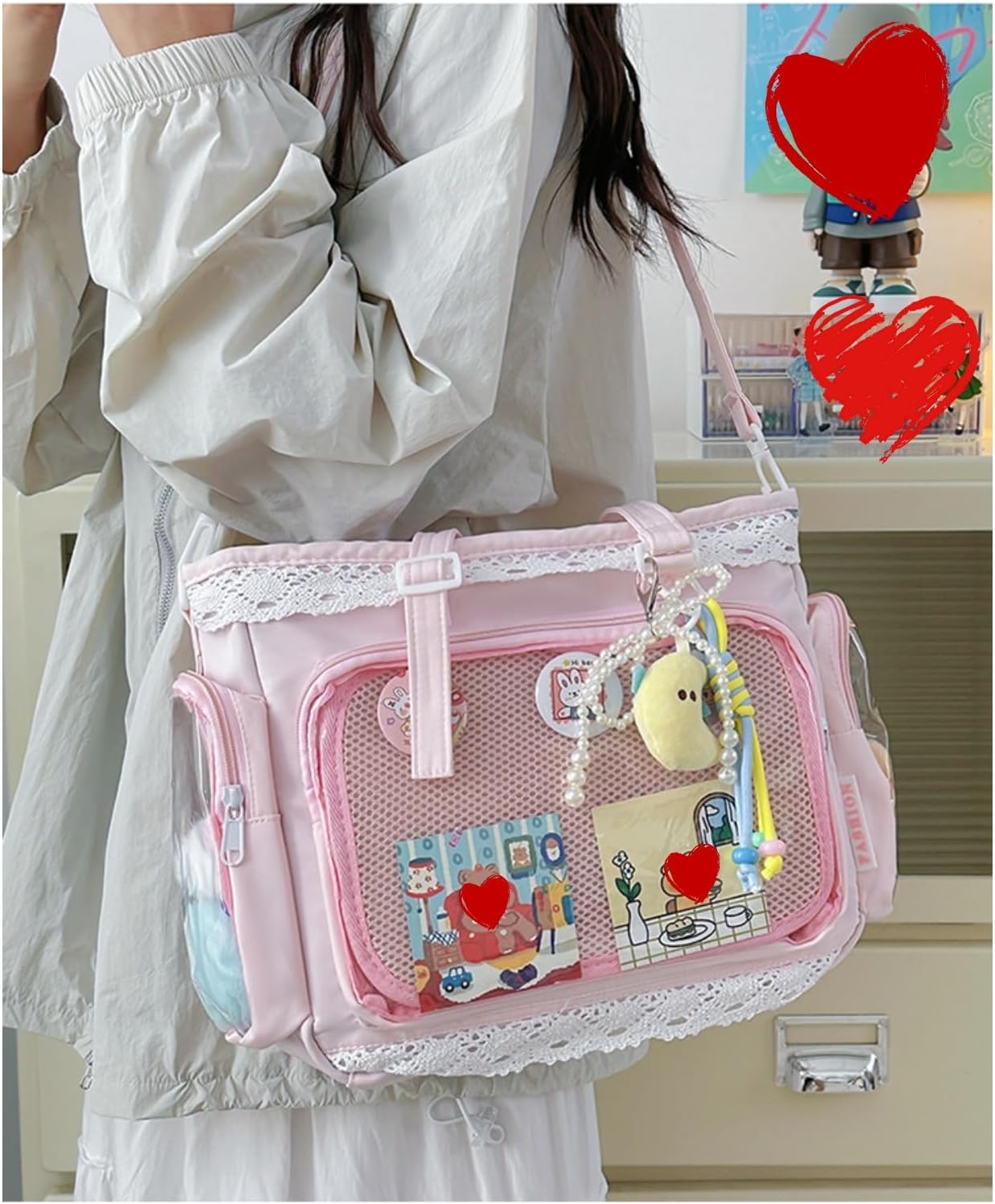 Lolita Ita Bag Clear Display DIY Bag ita tote bag pin display with Insert large messenger bag Kawaii Anime lace trim bag - Image 3