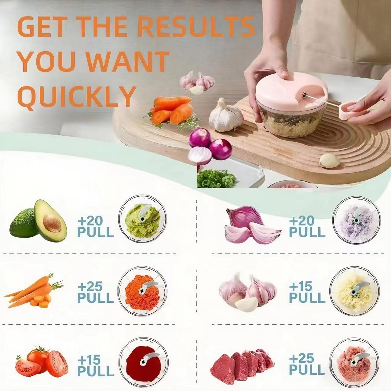 Procesador manual de alimentos, picador de verduras, picador de ajo portátil con cuerda de mano, cortador de cebolla para verduras, jengibre, ajo, frutas, cebolla, papa, ensalada (rosa, 16.9 fl oz) 2