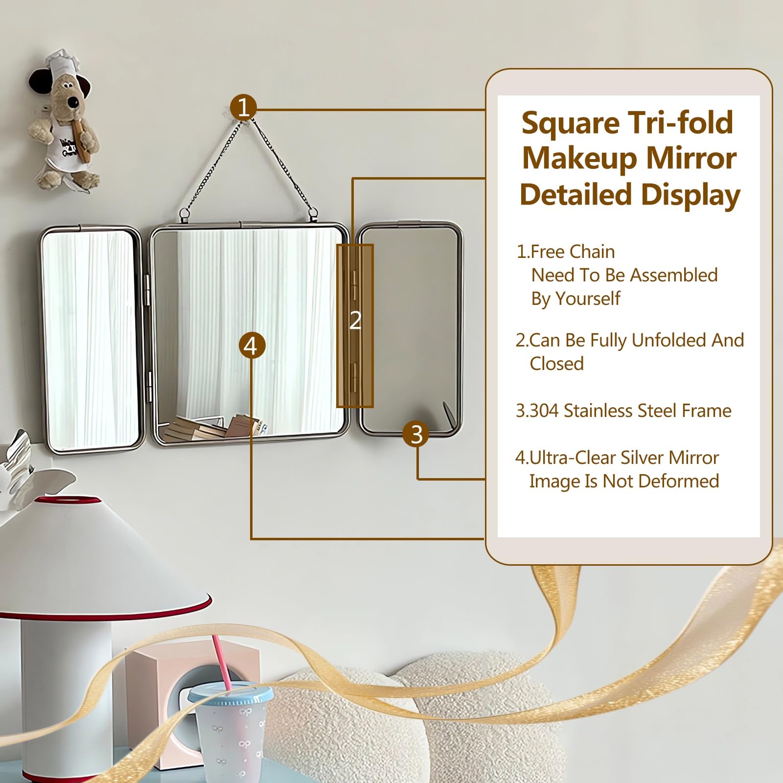 Specchio da Trucco Quadrato A Tre Ante, Specchio da Parete con Cornice in Acciaio Inossidabile 304, Specchio Decorativo HD 30 * 60 Cm, per Bagno, Camera da Letto
