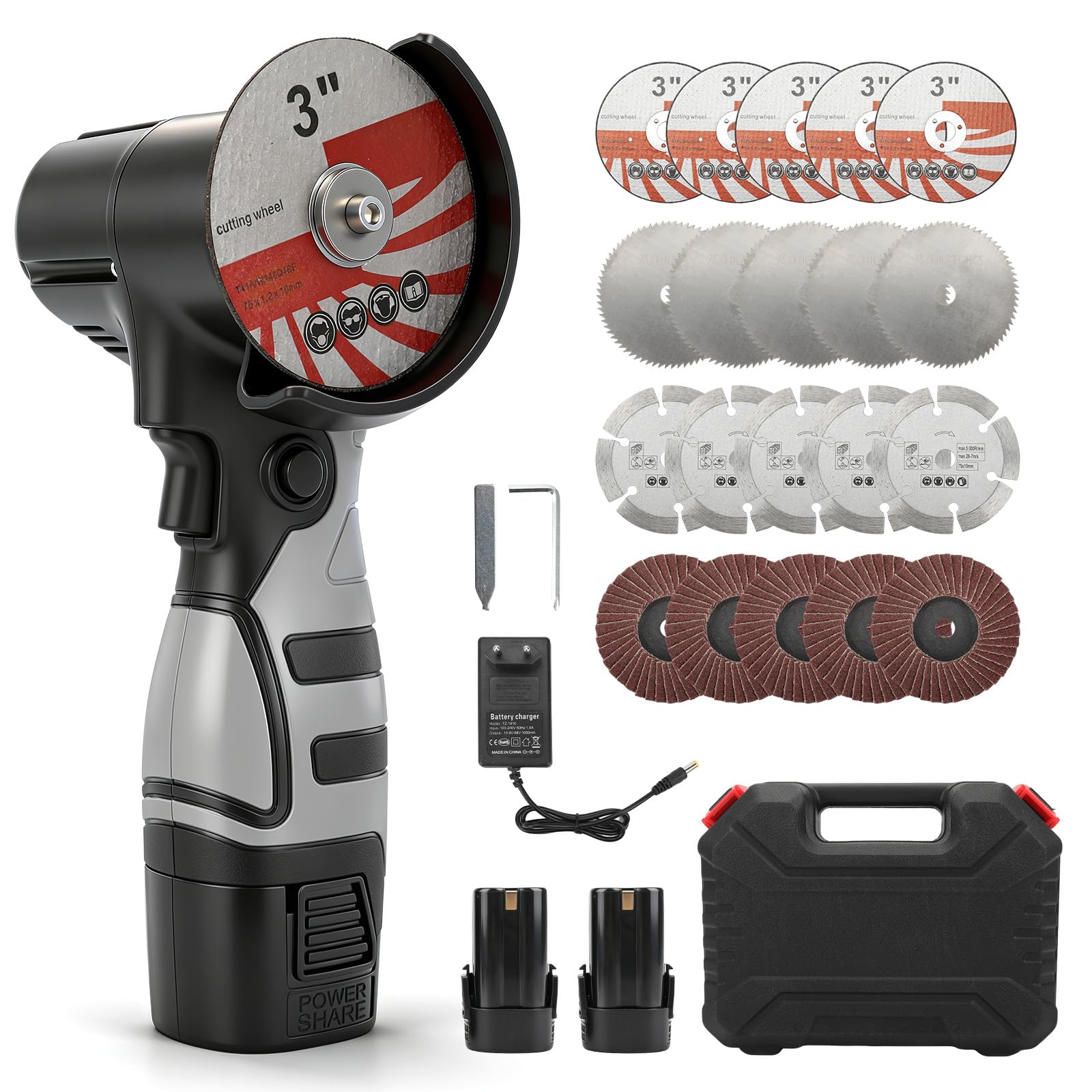 Mini amoladora angular con batería de 16,8 V con 2 baterías de 2000 mAh, 15 discos de corte y 5 discos abrasivos, batería de 75 mm Flex, motor sin escobillas de 19500 RPM para cortar, pulir, lijar