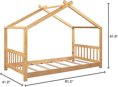 Miniatura 8 de Merax Cama de madera de tamaño individual con techo y ventana, gris + natural