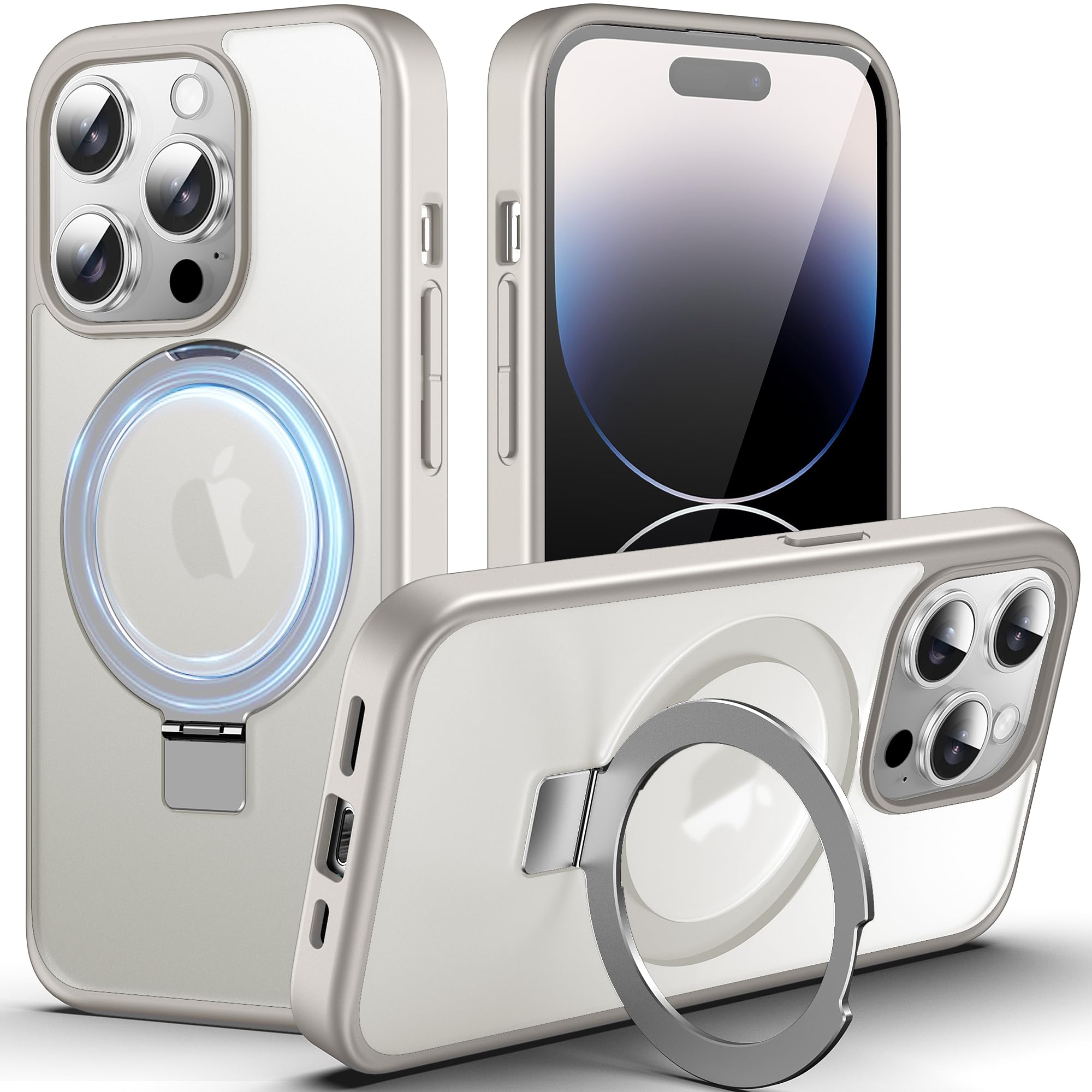 DASFOND Mag-Stand Designed for iPhone 14 Pro Case, 2023 Upgraded [All-in-1] [Compatible with MagSafe] Invisible Ring Kickstand Transparent Matte Phone Case Cover for iPhone 14 Pro 6.1 inch, Gray