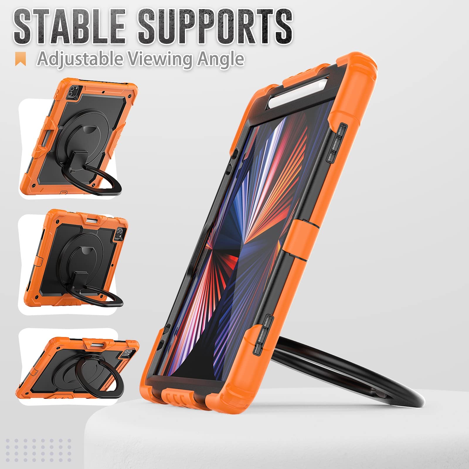 Coque résistante aux chocs en TPU pour iPad Pro 5ème génération 12,9" (2018/2020/2021) pour enfants, poignée rotative à 360 degrés, support avec protection d'écran + bandoulière (orange)