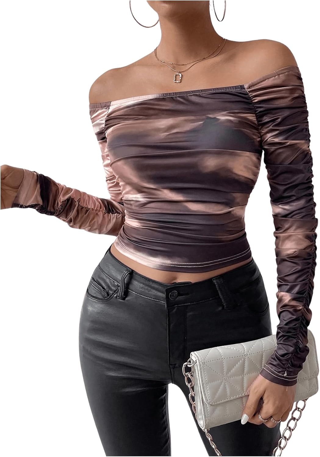 SHENHE Women's Off Shoulder Tie Dye Ruched Long Sleeve Fitted Casual Crop Tshirt Top - Image 3
