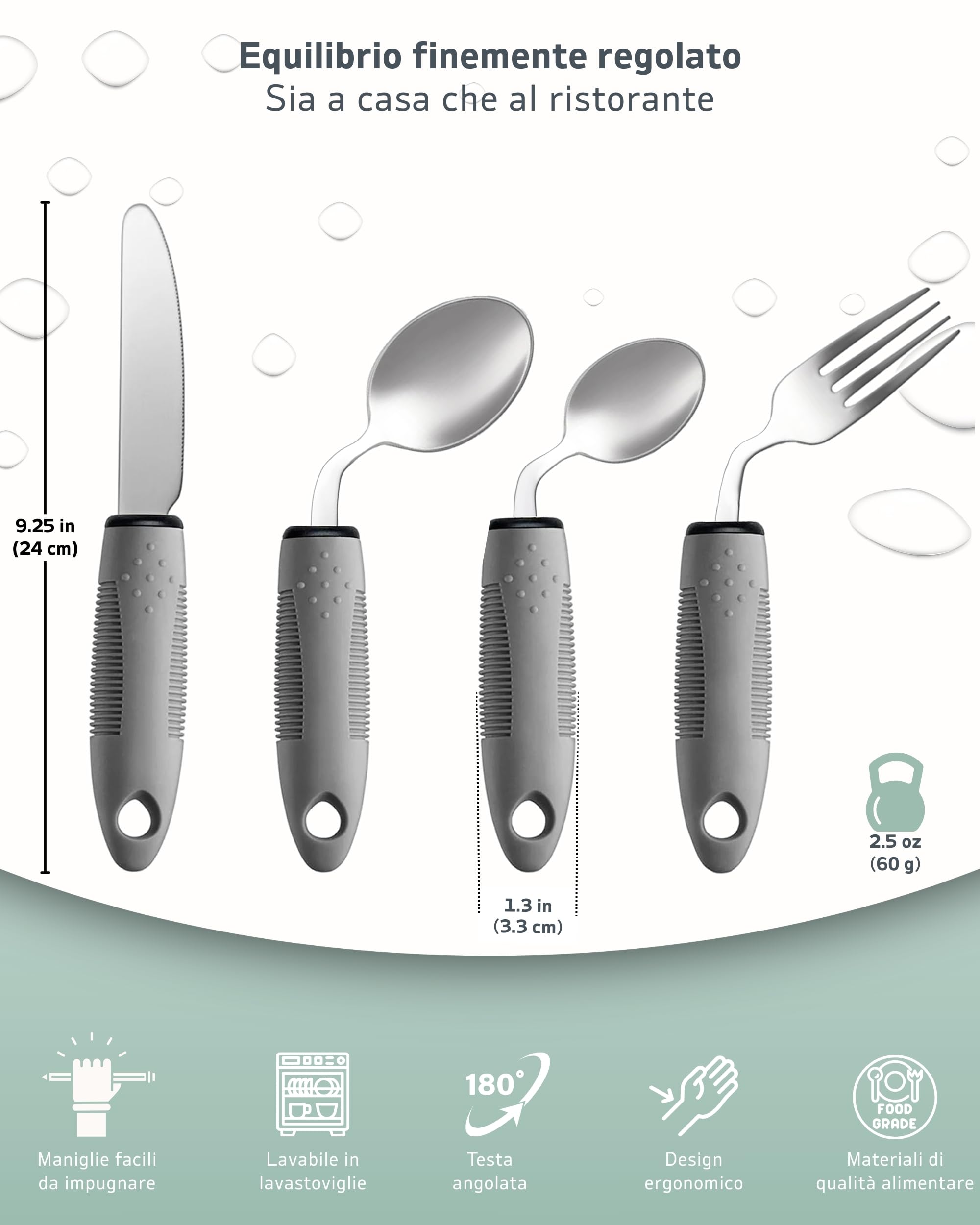 Set di Posate Adattive (4 pezzi) – Angolatura 42°, Posate ponderate da 85 g per Parkinson, tremori alle mani e artrite – Impugnatura ergonomica antiscivolo (mano sinistra)