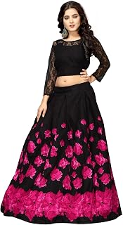NPLASH FASHION Women's Bangalore Silk Printed Semi-stitched Lehenga Choli (Black rose pink_Free Size)