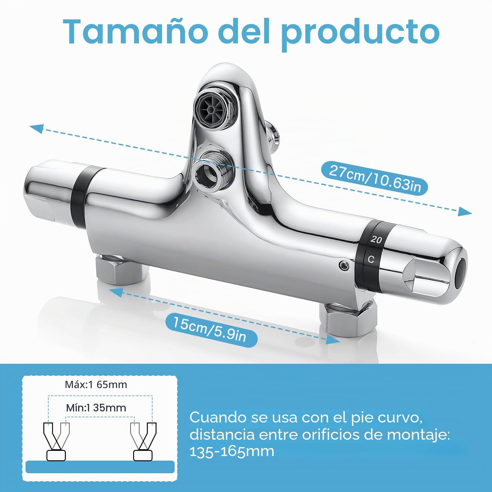 Grifo mezclador termostático de ducha para baño, montaje en pared, 150 mm, grifo mezclador termostático para ducha, grifos de baño con boquilla de llenado de bañera, latón, seguridad a 38 °C