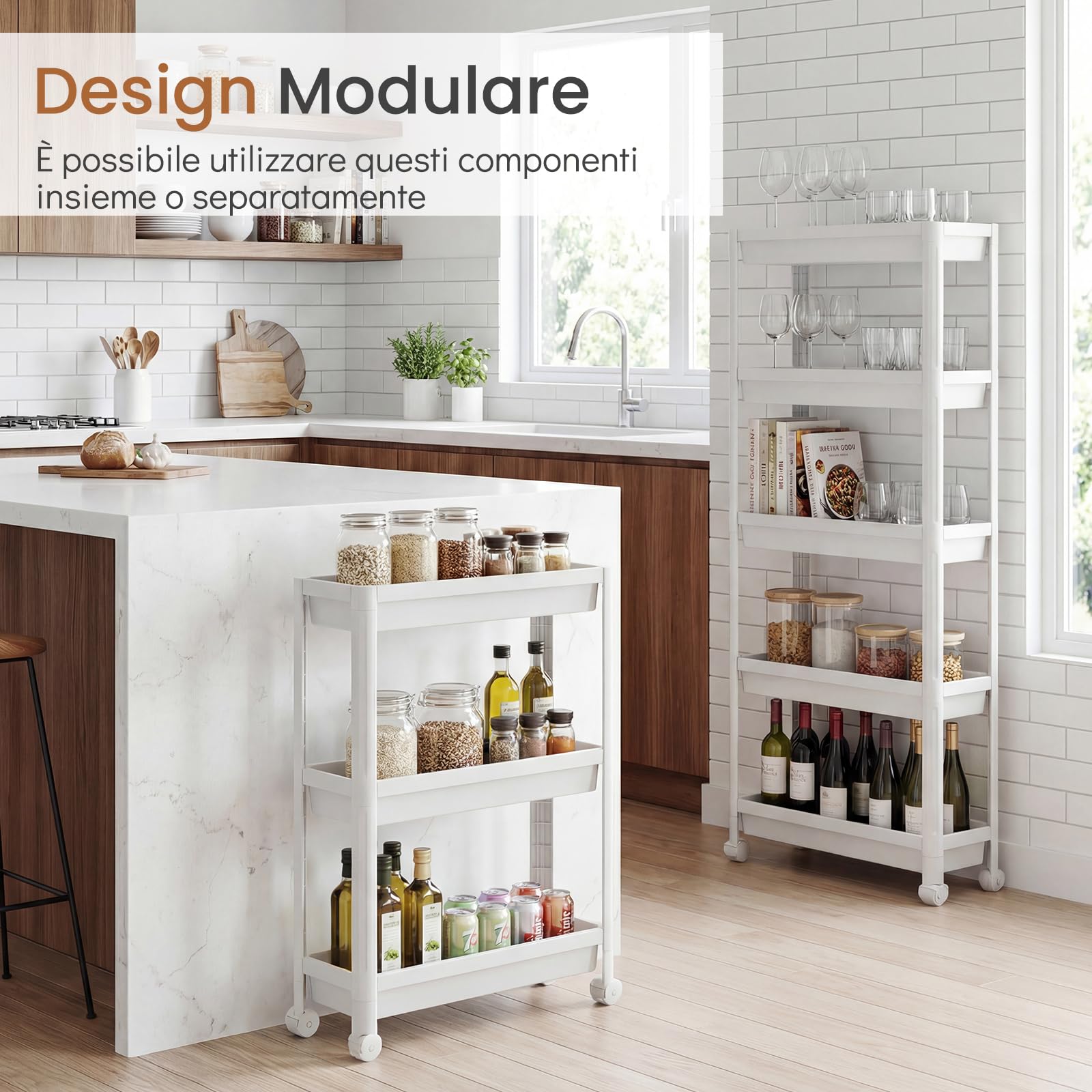COSTWAY Carrello di Stoccaggio con Vassoi, Organizzatore da Bagno a Ripiani Aperti con Maniglie e Ruote, Carrello Sottile Salvaspazio per Cucina Lavanderia e Ufficio (5 ripiani,Bianco)