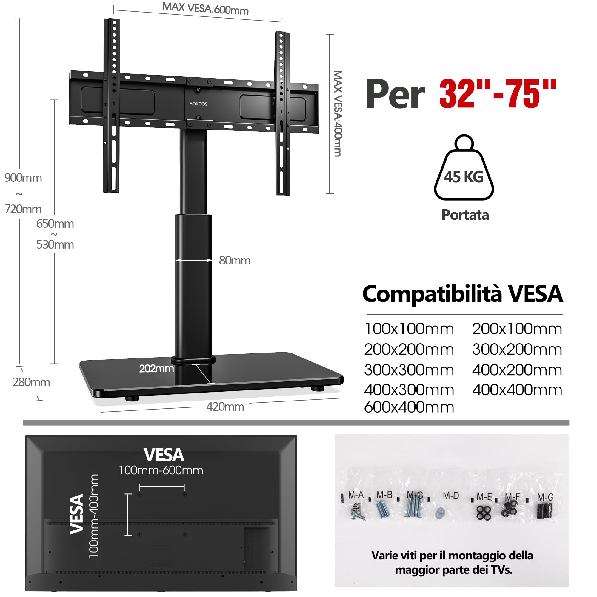 AOKCOS Supporto TV da Tavolo Inclinabile per 32-55 65 70 75 Pollici, Girevole Altezza Regolabile Piedistallo TV con Base, Mobile Porta TV Max VESA 600x400mm 45KG