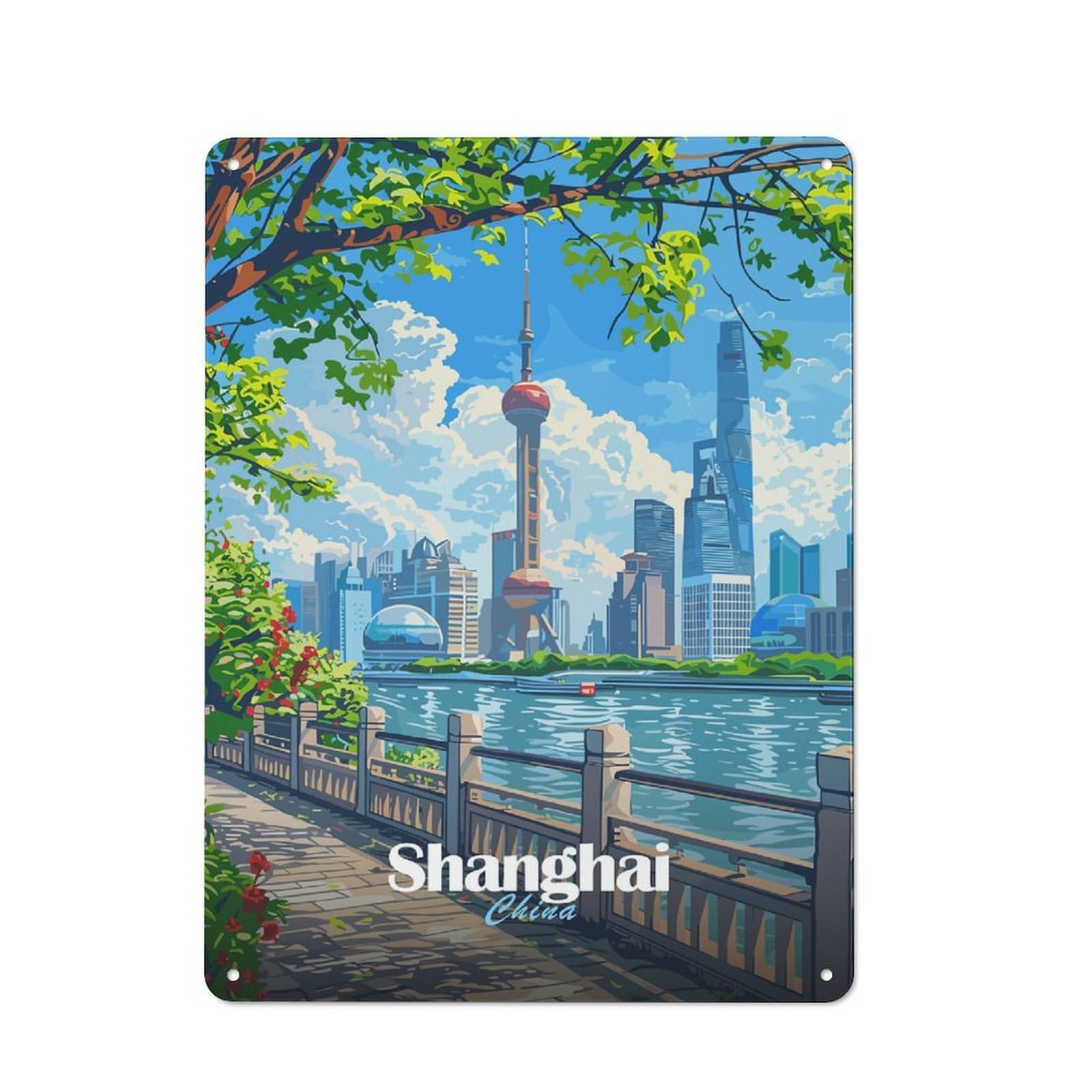Junmoney Style-5 Shanghai China Cityscape Illustration Printed Metal Sign 40X30cm For Dining Room Or Kitchen, A Decorative Christmas Gift For Kitchen Wall Decor Lovers