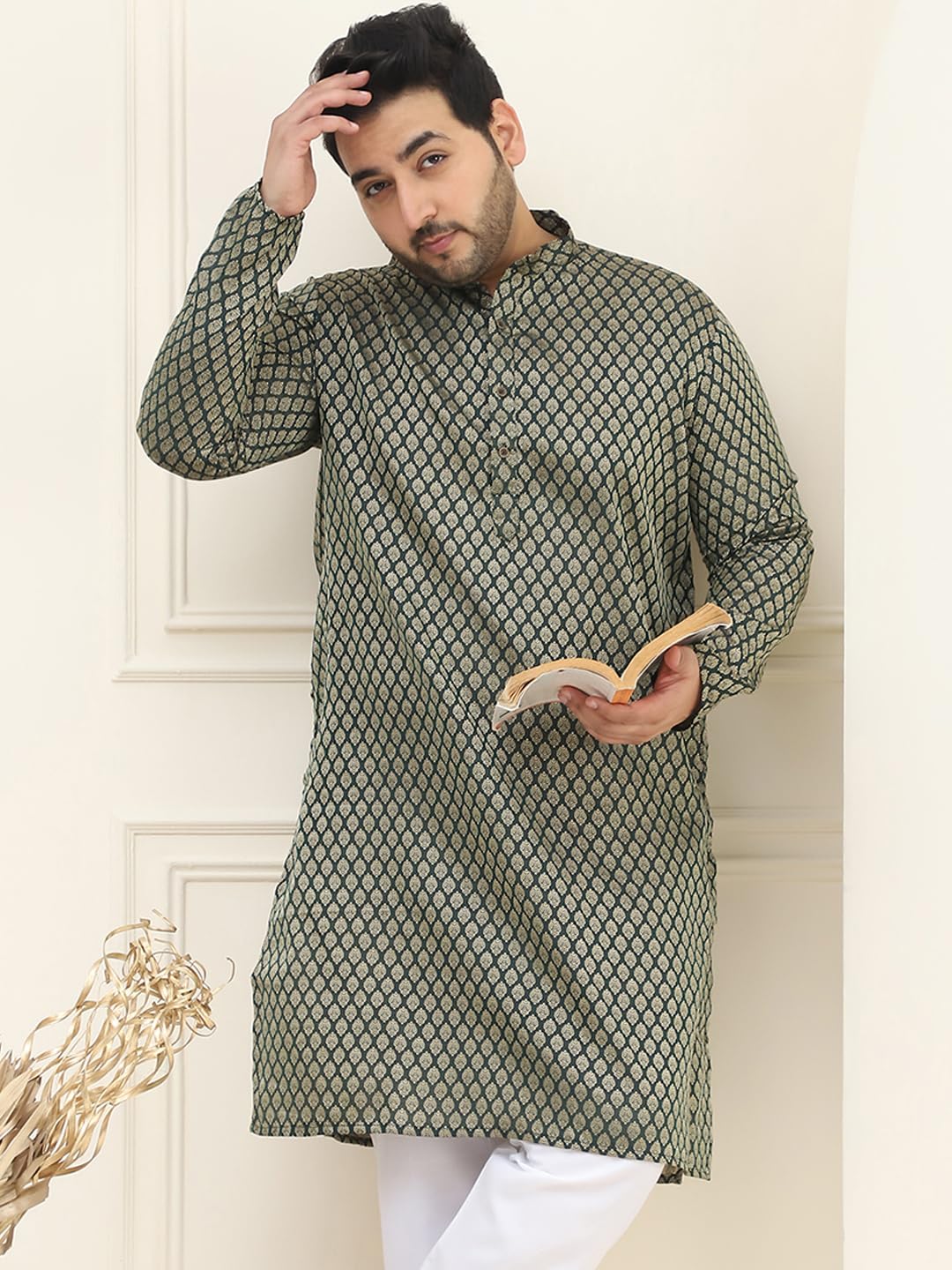 Sojanya Plus (Since 1958) Men's Silk Blend Dark Green Self Design Only Long Kurta