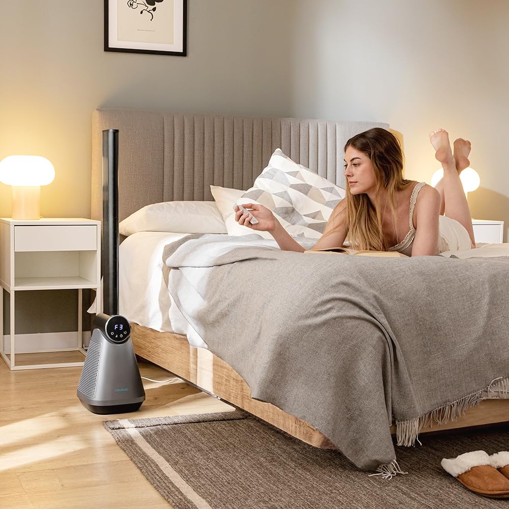 Cecotec - Ventilatore a Torre EnergySilence 9890 Skyline Bladeless Dark senza pale 100 cm, 50W, touch screen LED, telecomando, 3 modalità, 3 velocità, timer 15 ore, oscillazione 40º, Acciaio Base Nera