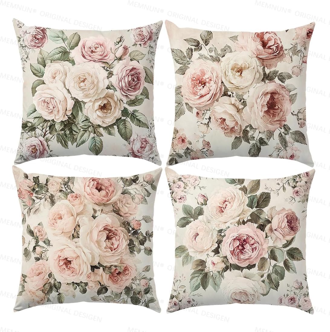 Vintage Pink Rose Pillow Covers, 18X18 inch Set of 4 Floral Pillow Cover Outdoor Pillow Cases Decorative Cushion Covers Farmhouse Home Garden Sofa Decor