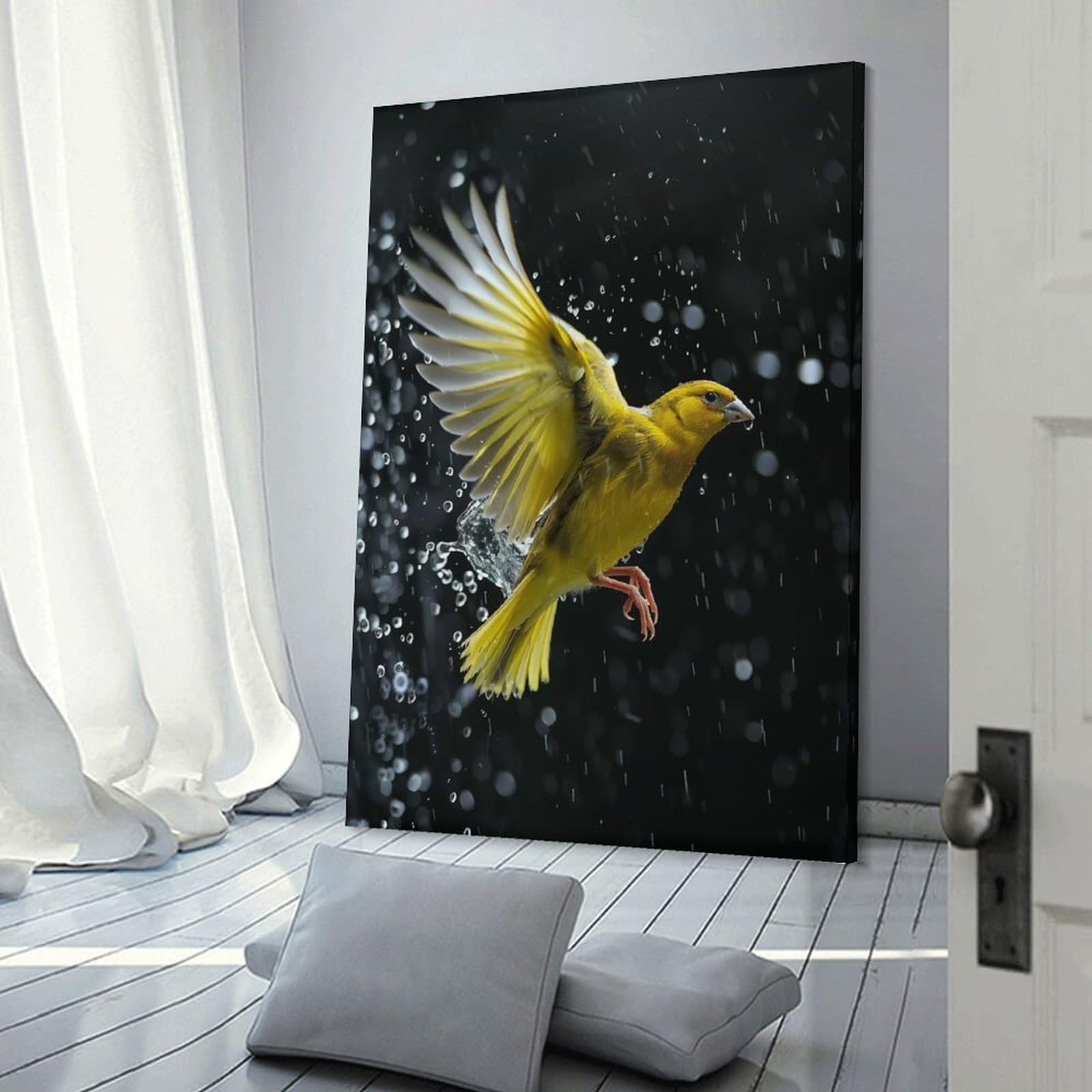 Junmoney Frame-Style-1 Hanging Wall Art Canaries Through Raindrops, 24X36inch(60X90cm), For Gallery Wall Layouts In Home Or Office, An Easy Match For Collected Prints