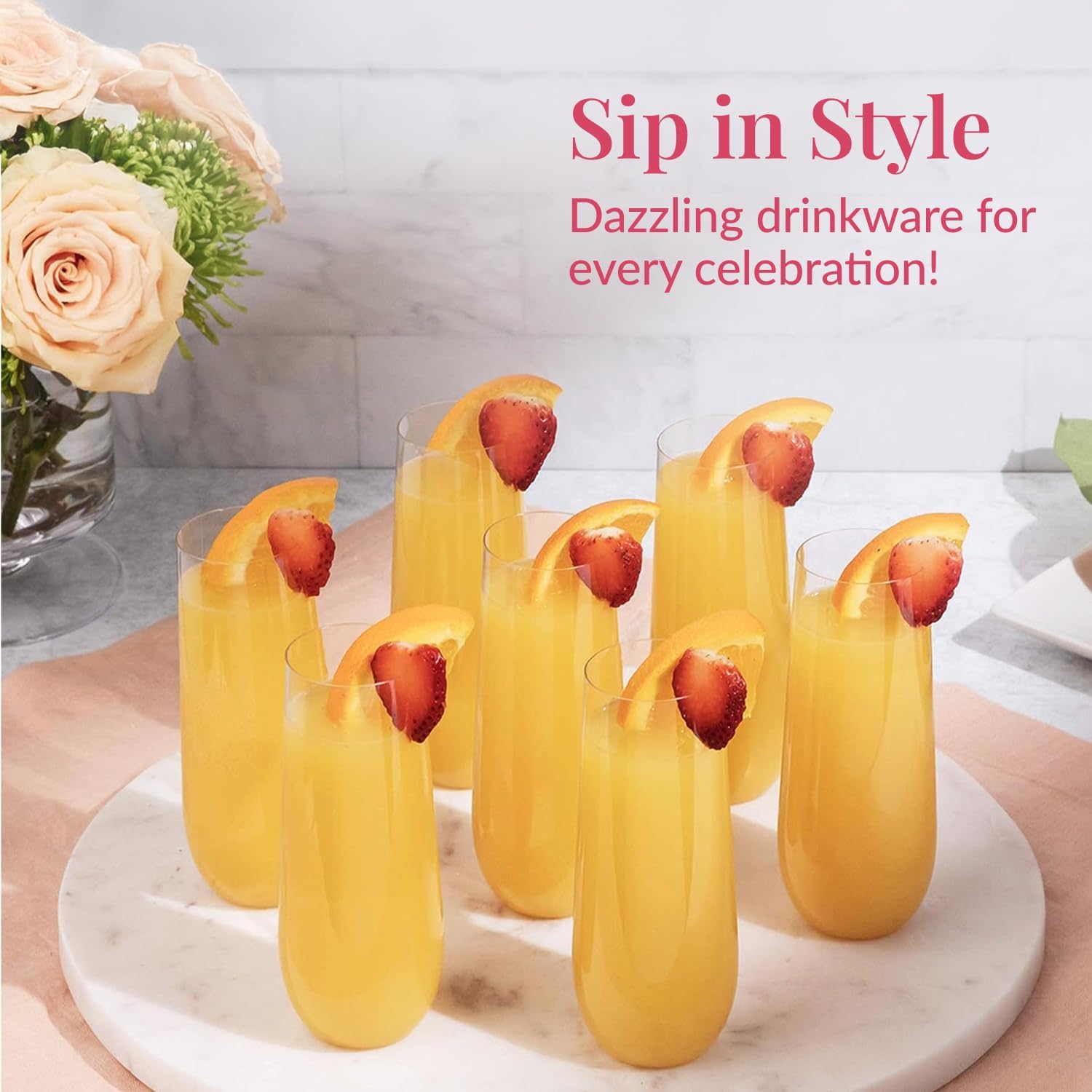 Prestee 24 Plastic Champagne Flutes - 9oz Heavy Duty Stemless Champagne Glasses for Parties - Disposable Clear Plastic Toasting Glasses, Mimosa Glass for New Year’s Eve Party Supplies