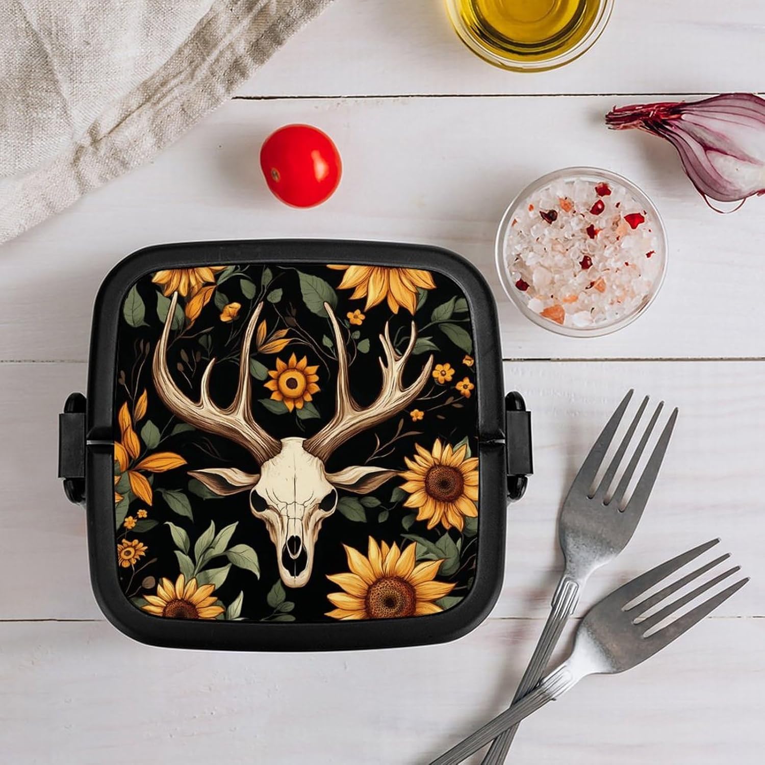 Deer Skull Sunflower Bento Box with Spoon 2 Layer Food Container Cute Lunch Box for Travel Dining Work