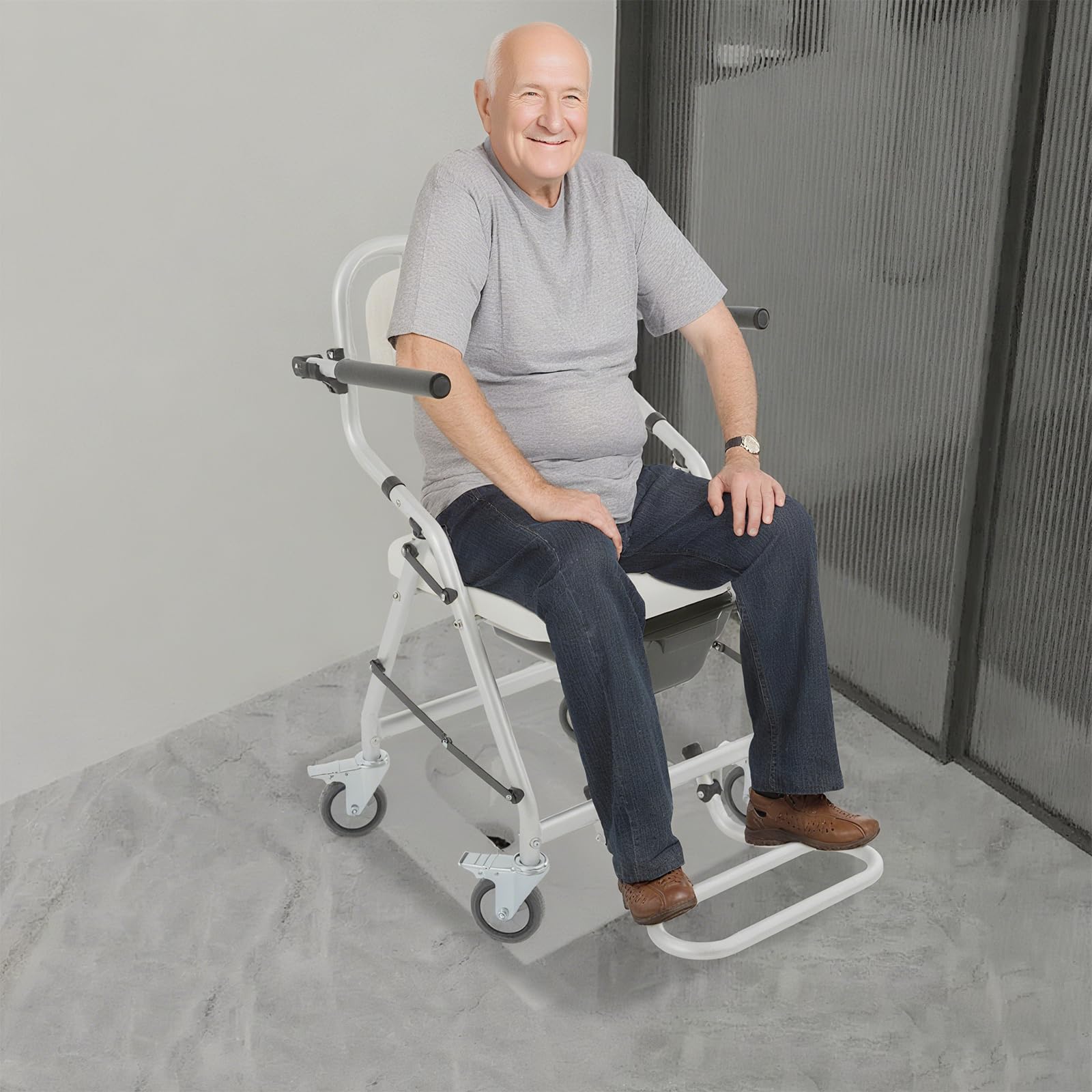 Silla de baño para silla de ducha Senior en Ancho 41 cm, Silla plegable con cubo de inodoro, ducha, ayudas de baño, silla de ruedas, antideslizante, para mayores, 150 kg