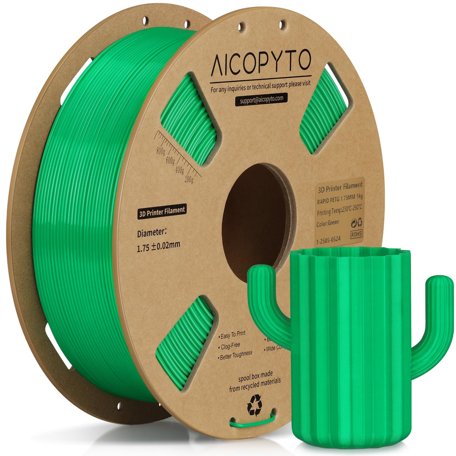 PETG Filament 1KG Green, High Speed 30-600mm/s 3D Printer Filament Rapid PETG 1.75mm Dimensional Accuracy +/- 0.02mm, 1kg Cardboard Spool(2.2lbs) Fits for Most FFF 3D Printers