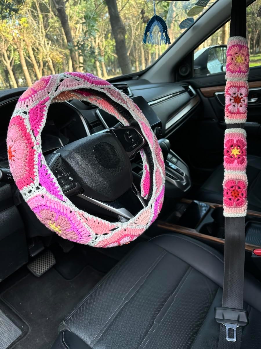 Crochet Gasang Flower Steering Wheel Cover,Cute Flower Seatbelt Cover,Car Mirror Rainbow,Women Car Accessories (A,Wheel Cover+2 Belt Cover+Rainbow)