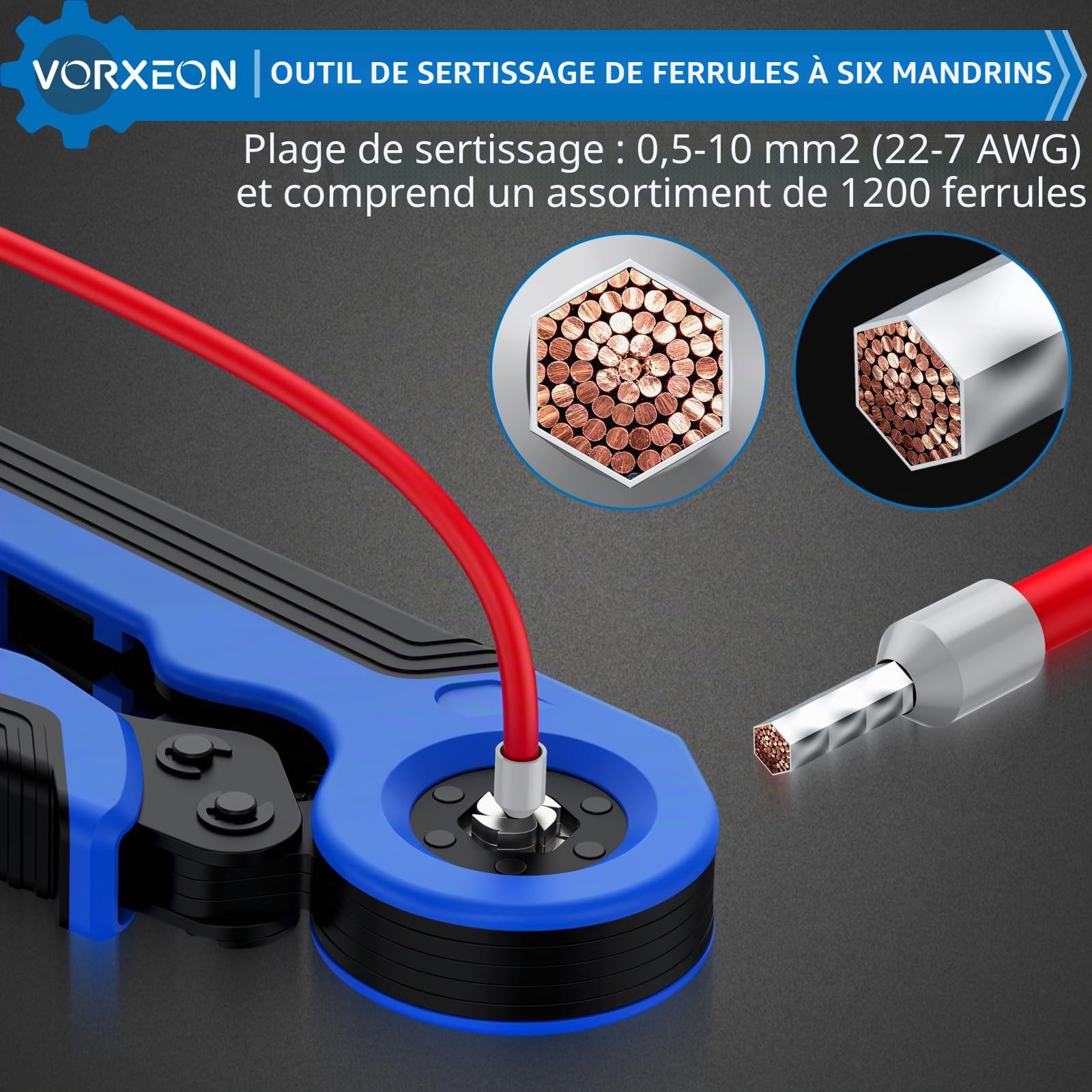 Cosses Electriques a Sertir Pince à Sertir Autoréglable à cliquet 0,5-10mm² | Caisse à Outils avec 1200 Connecteurs de Ferrule d'extrémité de fil pour Réparation électrique et Sertissage Câbles