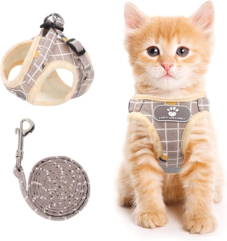 Peitoral para Gatos com Guia, Ajustável em Mesh com Faixas Refletivas NCMAMA Khaki-Pattern XS