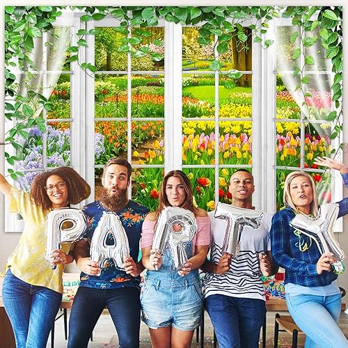 Miniatura 8 de Telón de fondo de ventana de primavera, alféizar de ventana blanco, bosque verde, fondo natural para fotos, pancarta de fiesta de flores, decoración