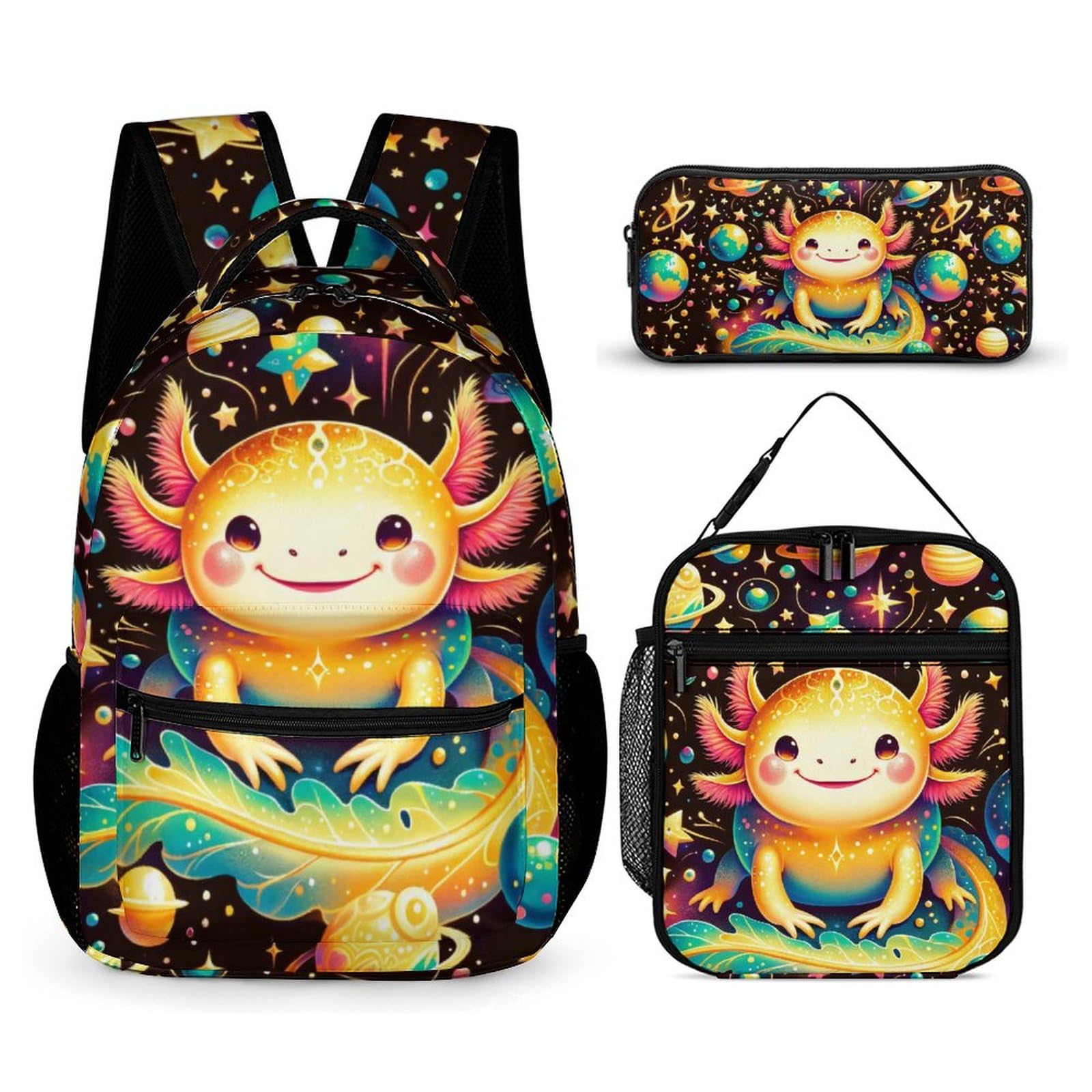 Homieblanket Axolotl Backpack with Lunch Box & Pencil Case, 16 Inch Cute Axolotl Themed Bookbag, Adjustable Lightweight Large Capacity, Colorful