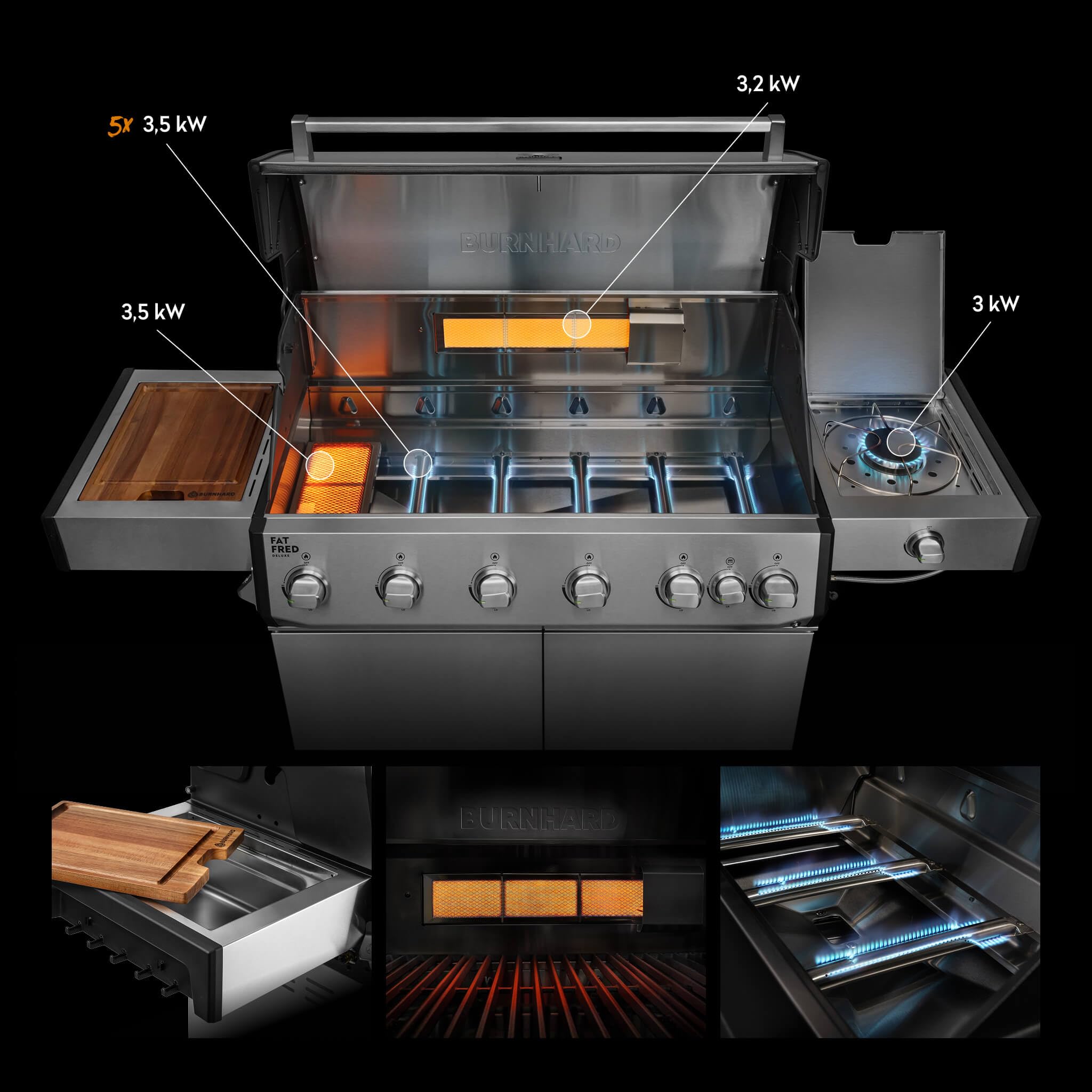 BURNHARD® Gasgrill 6-Brenner, 3,5 kW Edelstahl-Stabbrenner, Infrarot-Keramikbrenner, Heckbrenner, Seitenkochfeld, Edelstahlrost, große Grillfläche, Piezo-Zündung – Fat FRED Deluxe
