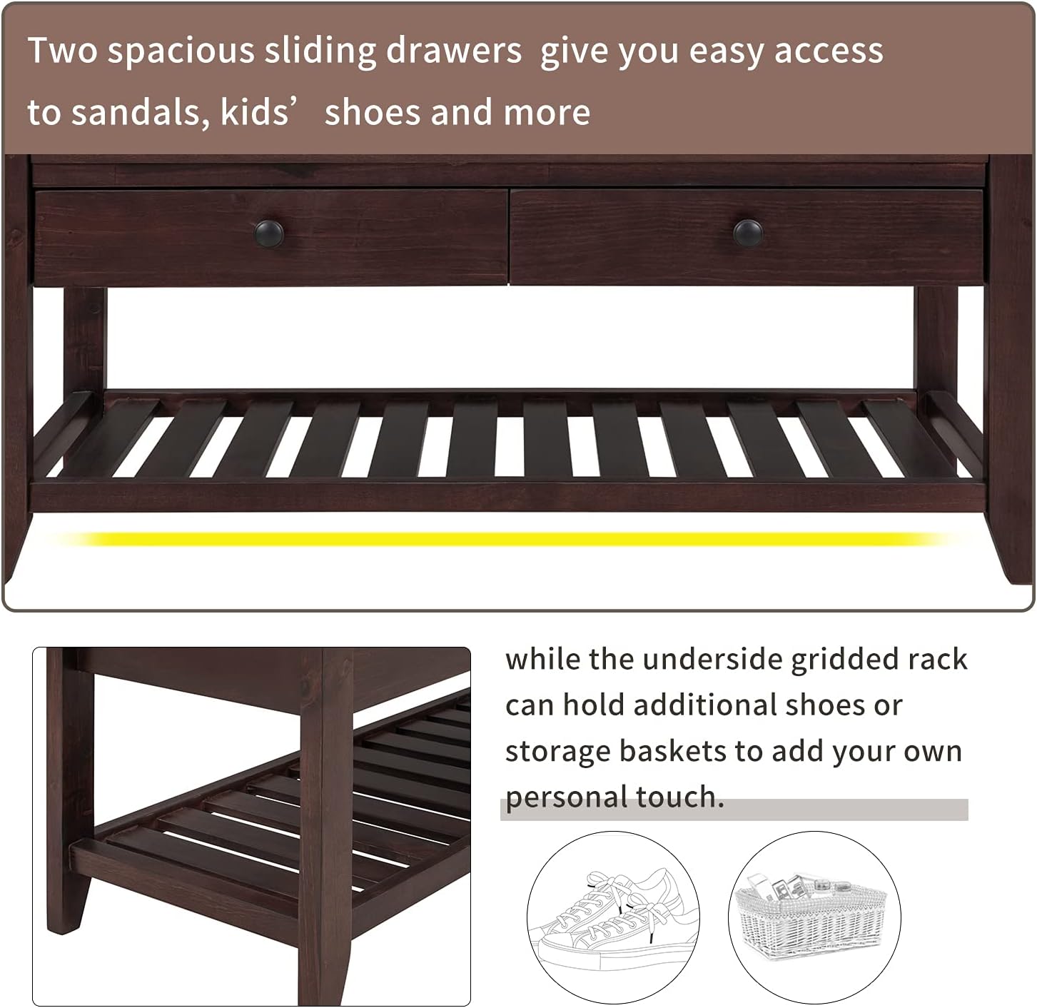 Favfurish Solid Wood Shoe Rack,Multipurpose Storage Bench,with Cushioned Seat and 2 Slide Drawers,Tapered Legs & Grid Base,for Entrance,Living Room,Hallway,Espresso