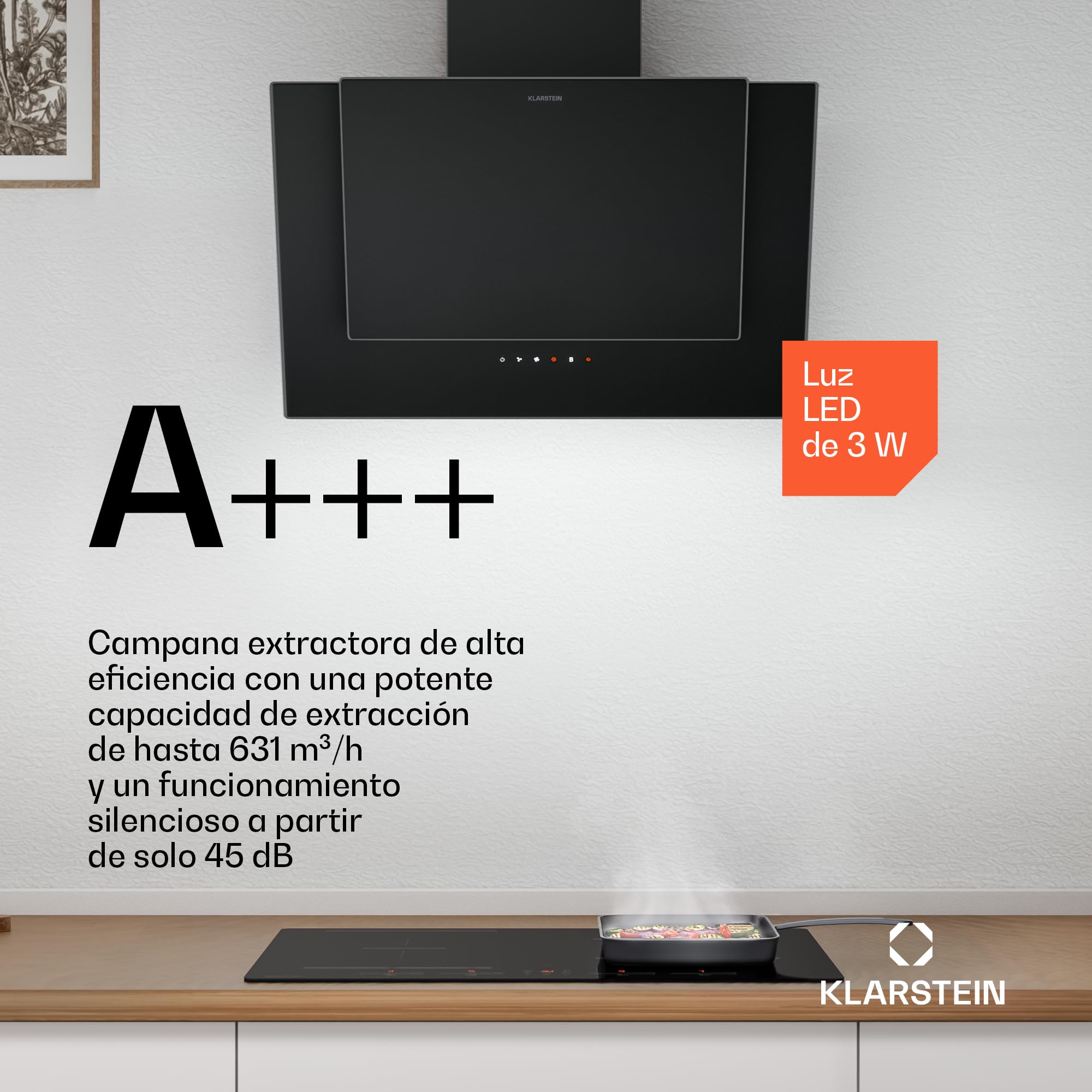 Klarstein HaloSync Placa de Inducción con Extractor Integrado - 4 Zonas, 8400W Boost, Control Táctil, Campana 631,6 m³/h, Temporizador, Bloqueo Infantil, 60cm, Vitrocerámica Negra