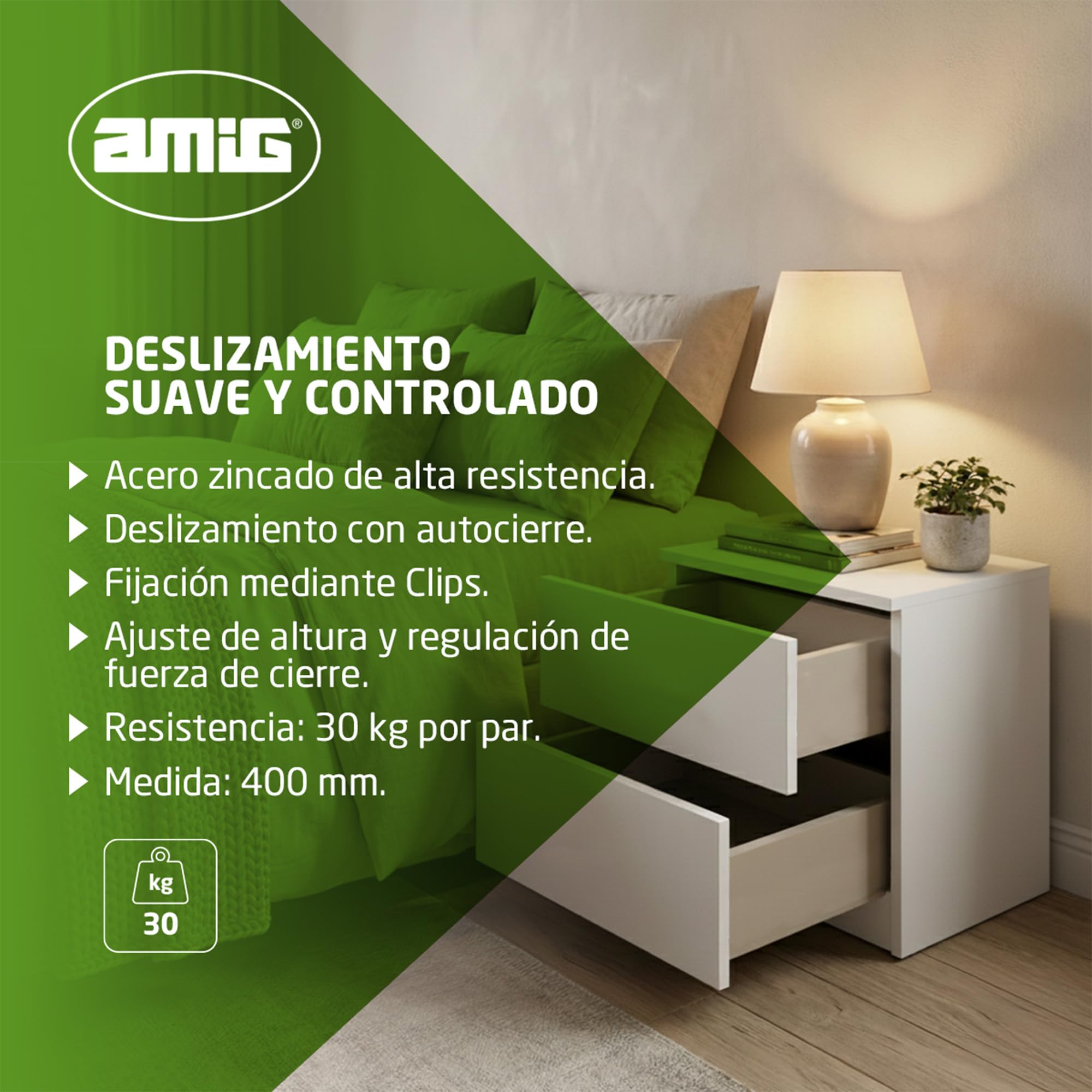 Amig - Juego de 2 guías Correderas Mod.41 de Acero Zincado para Cajones de Muebles, Cajoneras o Armarios - De Extracción Total con Autocierre - Resistencia de carga: 25 Kg/Par - Medidas: 400 mm