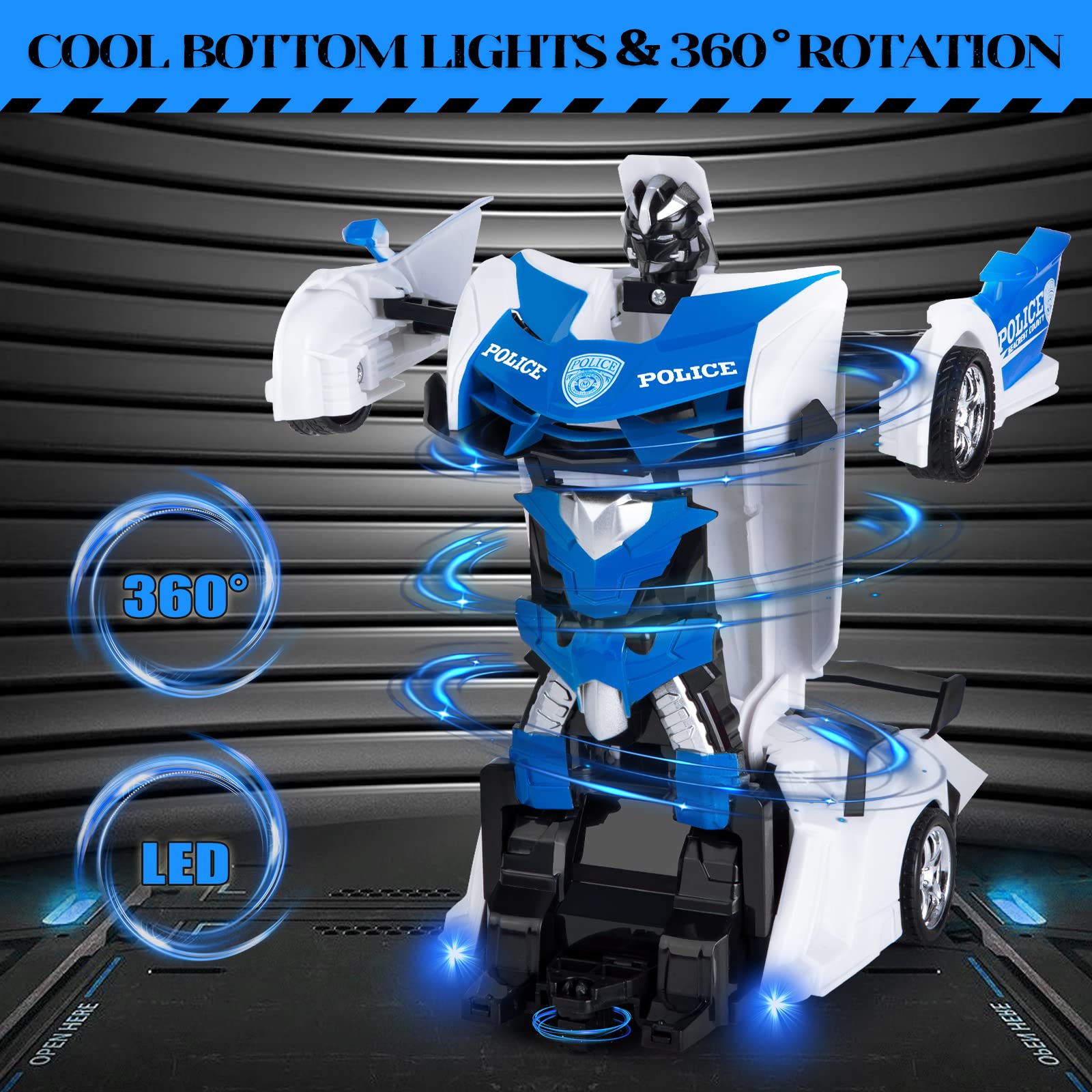 Highttoy Voiture de Police Télécommandée Robot Enfant, 2.4GHz Rotation à 360° Voiture Télécommandé Transformable Transformateur Robot Jouet Cadeau Enfant 3 4 5 6 7 8 Ans Garçon Fille Blanc - 3
