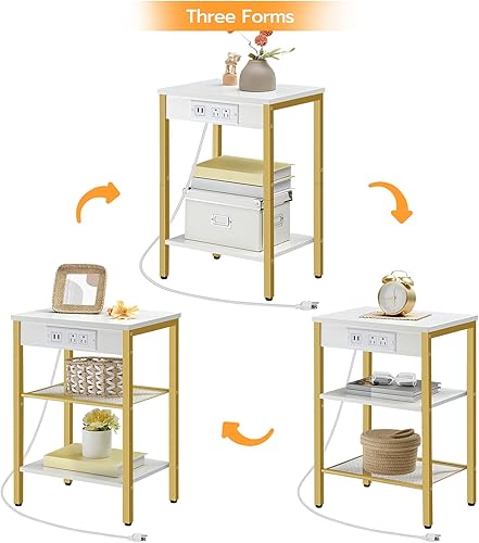 Miniatura 6 de HOOBRO Juego de 2 mesas auxiliares con estación de carga y puertos USB, mesita de noche de 3 niveles con estantes ajustables, mesa auxiliar estrecha