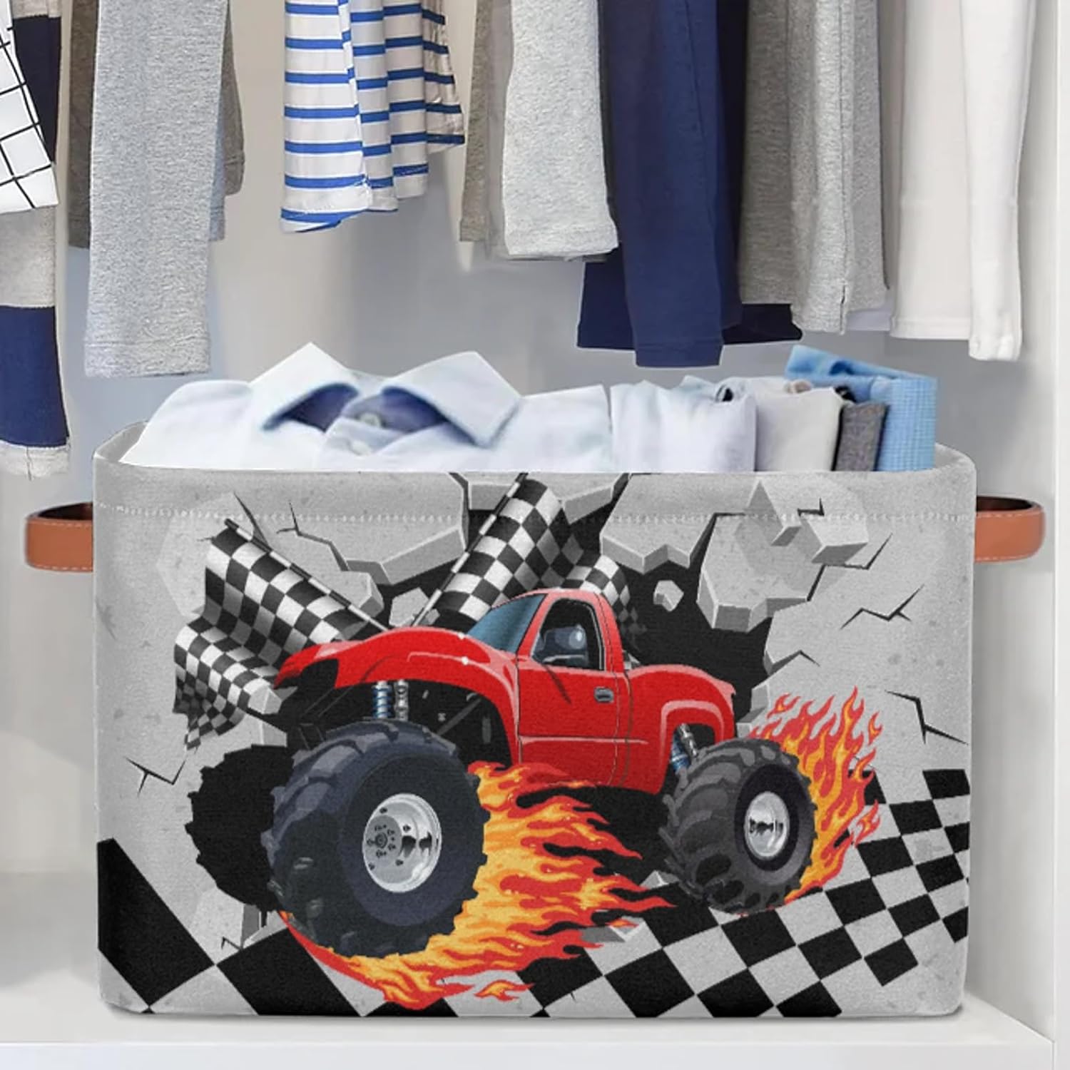 3D Racing Car Kids Storage Basket - Collapsible Toy Storage Bin with Handles - Rectangle Nursery Gift Basket for Boys Girls Room Decor