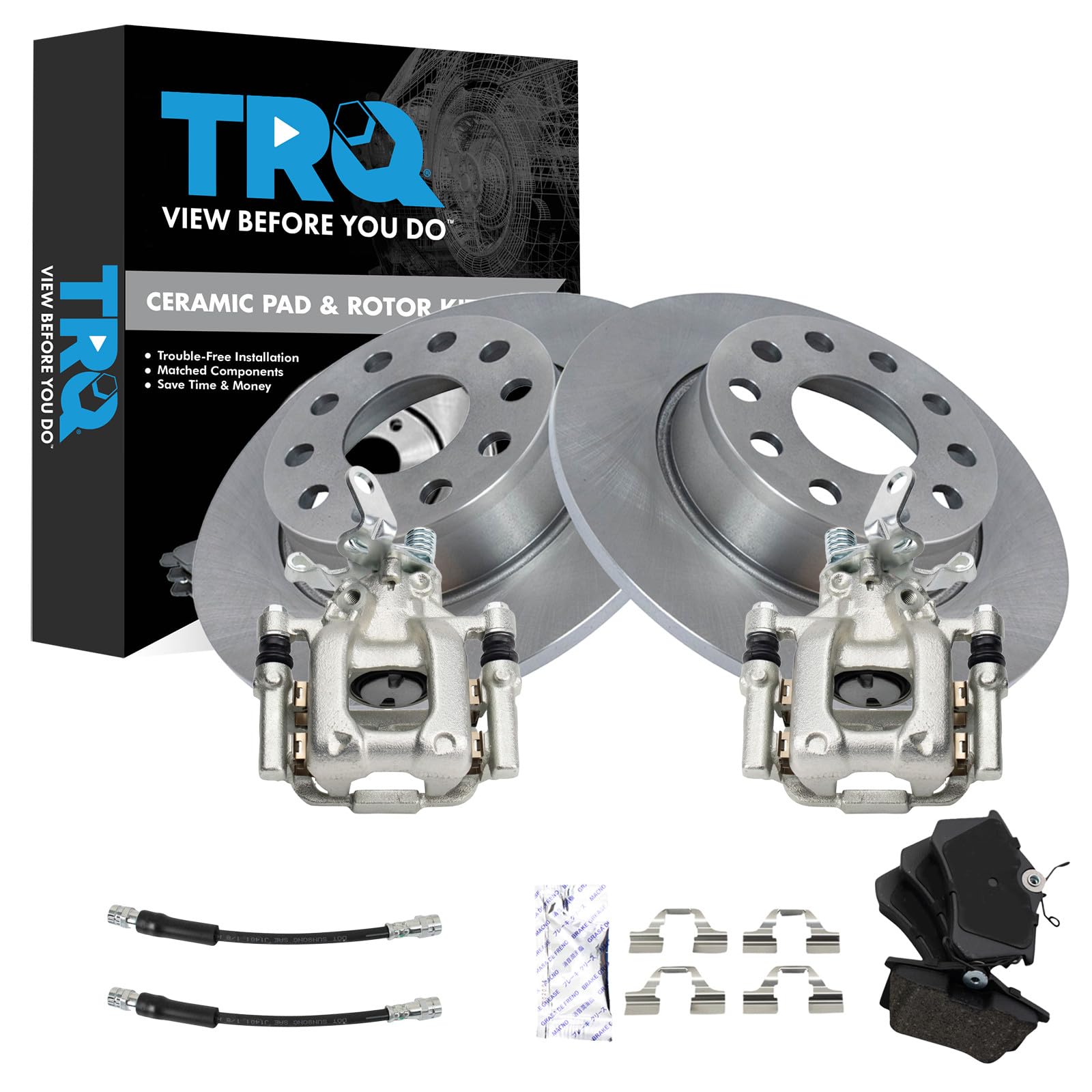 TRQ Rear Brake Pad &amp; Rotor Kit Ceramic Compatible with 2014 Volkswagen Jetta