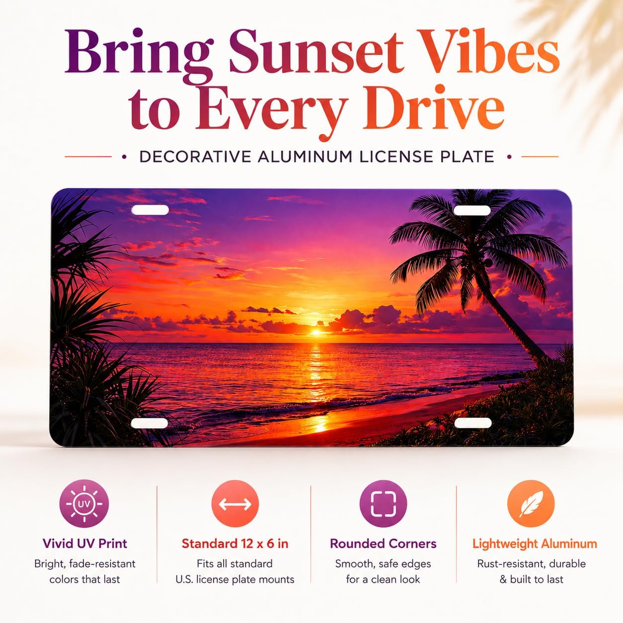 Palm Beach License Plate, Aluminum Decorative Personalized License Plate Tropical Sunset Ocean Paradise Novelty Vanity Tag Cover with 4 Holes 6×12 inch Car Decor Accessory