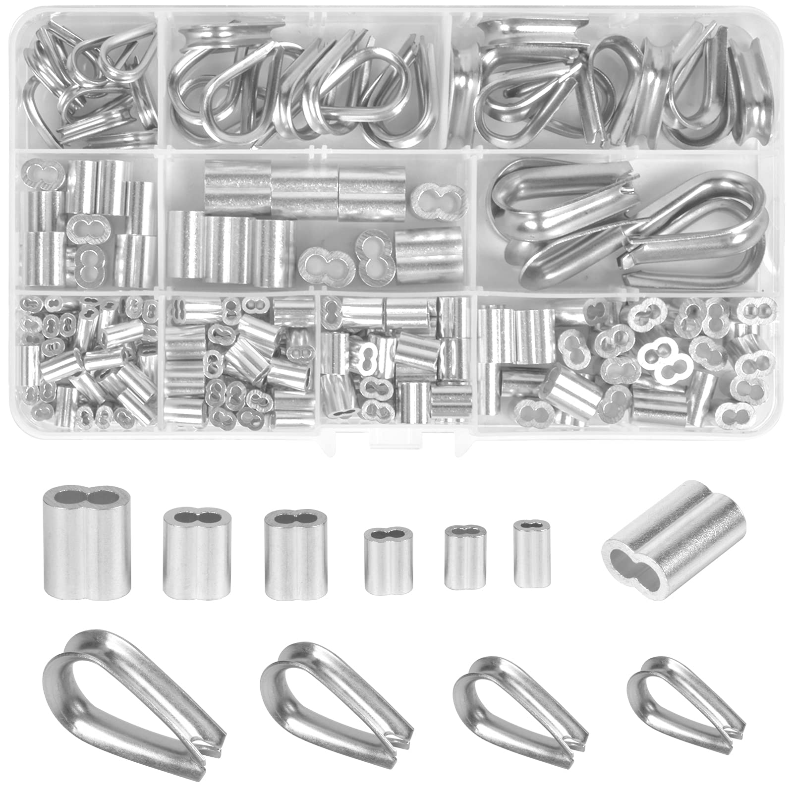 Produktbild von HQdeal 250-teiliges Drahtseil-Zubehörset – Fingerhüte M1,5–M5 & Aluminiumhülsen M1,2–M4, Für Geländer, Rigging & Wäscheleinen