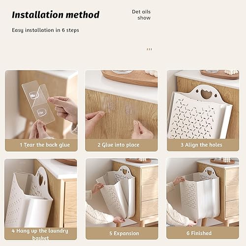 Miniatura 5 de Cesta colgante para ropa sucia con asa de transporte, cestas plegables de plástico para lavandería, cesta de almacenamiento para colgar en la pared,