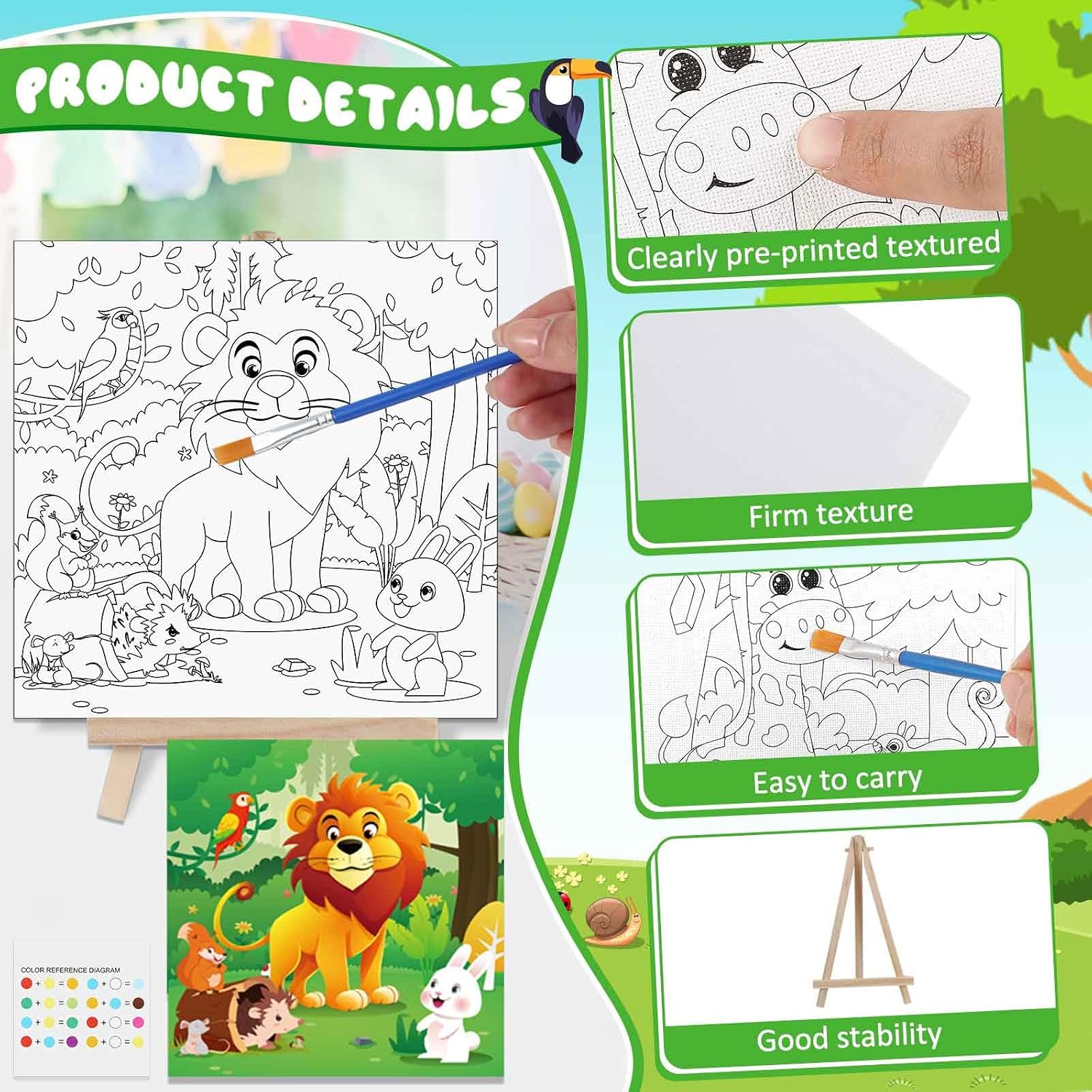 Tenceur 24 Pack 216 Piece Pre Drawn Canvas to Paint for Kid Adult 6 x 6 Inch Stretched Coloring Painting Canvas Panels with Design Easel and Brushes for Party Supplies Beginner Favor(Animals)