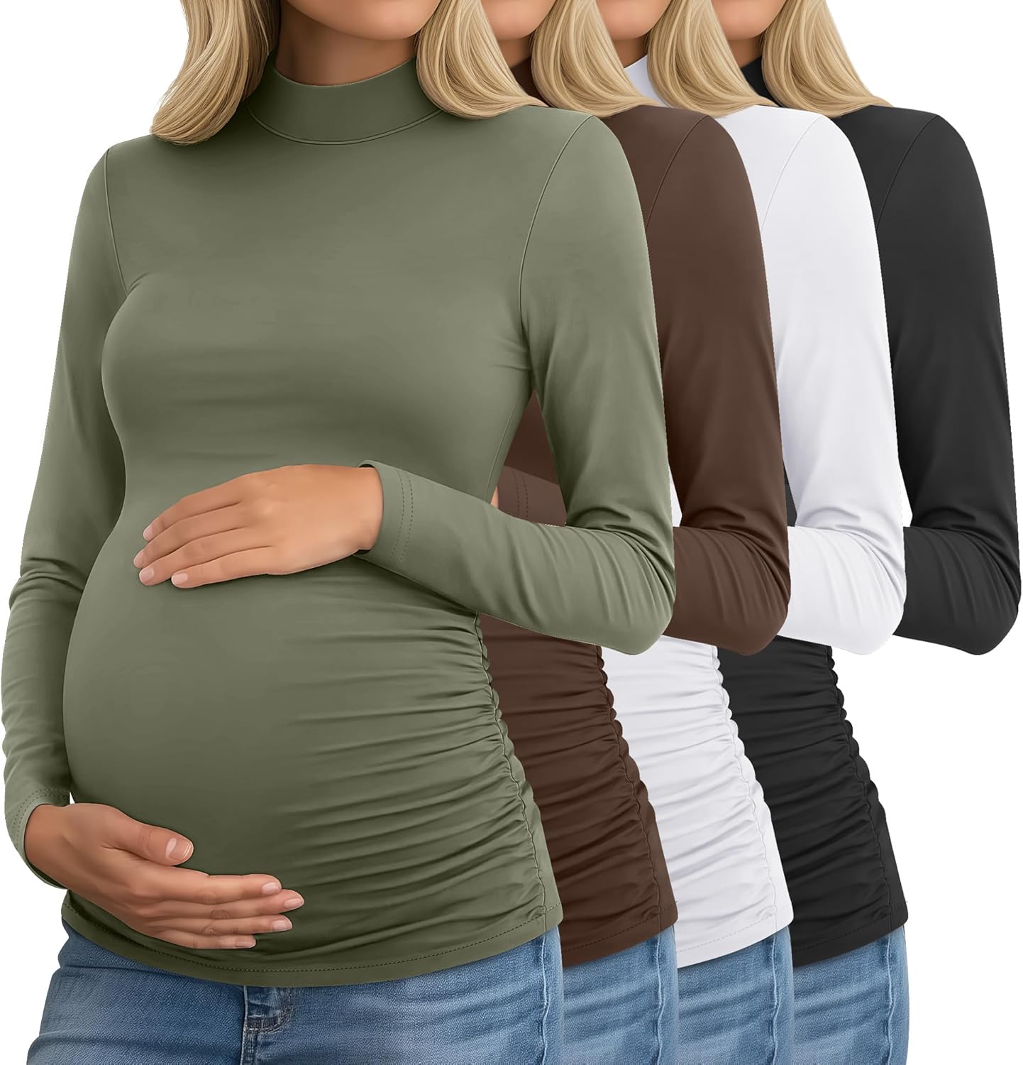 Riyiper 4 Pack Women's Maternity Turtleneck Shirts Long Sleeve Pregnancy Tops Ruched Sides Pregnant Tees Mama Clothes